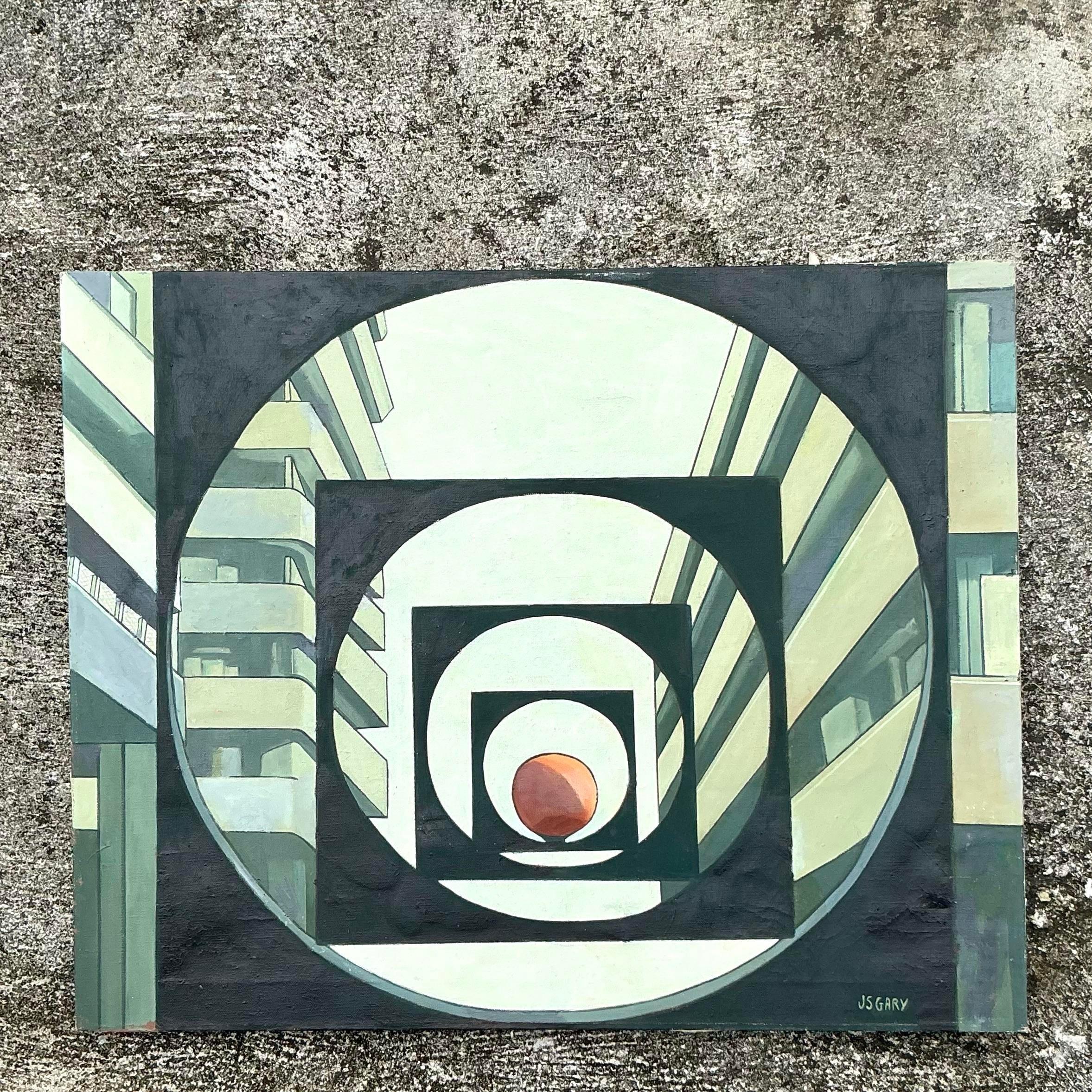 Abstraktes geometrisches Original Ölgemälde auf Leinwand, Boho, Vintage (amerikanisch) im Angebot