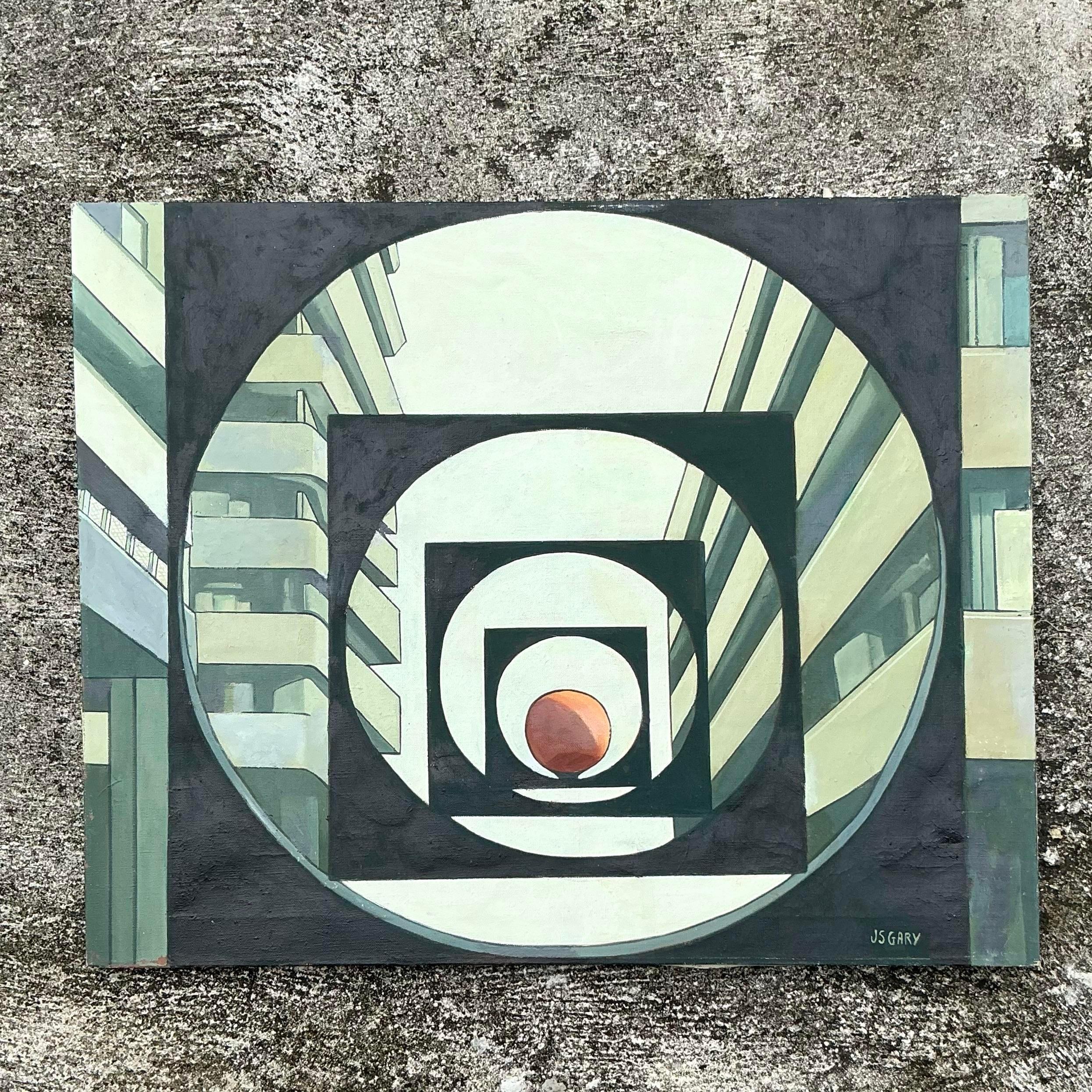 Abstraktes geometrisches Original Ölgemälde auf Leinwand, Boho, Vintage im Zustand „Gut“ im Angebot in west palm beach, FL