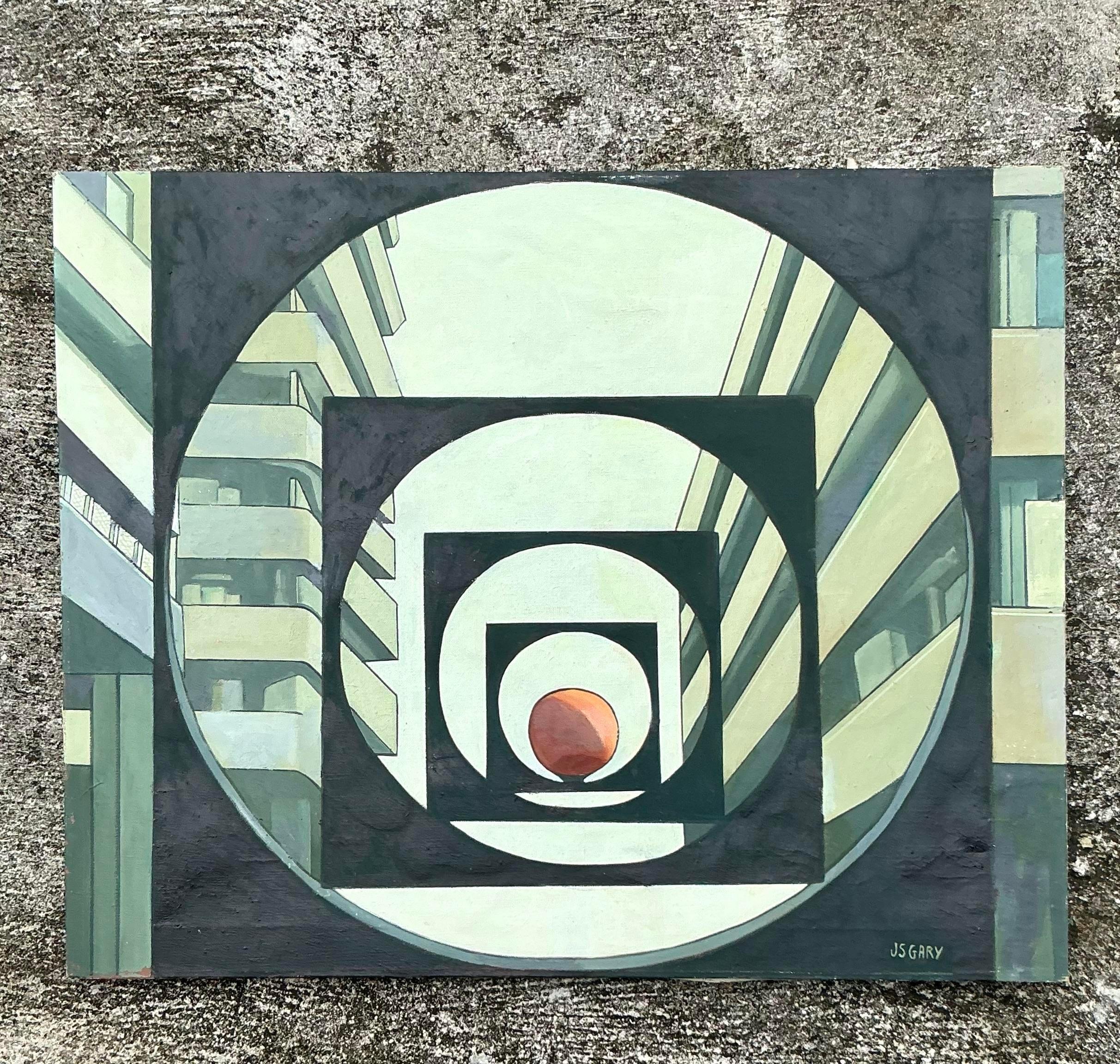 Abstraktes geometrisches Original Ölgemälde auf Leinwand, Boho, Vintage (20. Jahrhundert) im Angebot