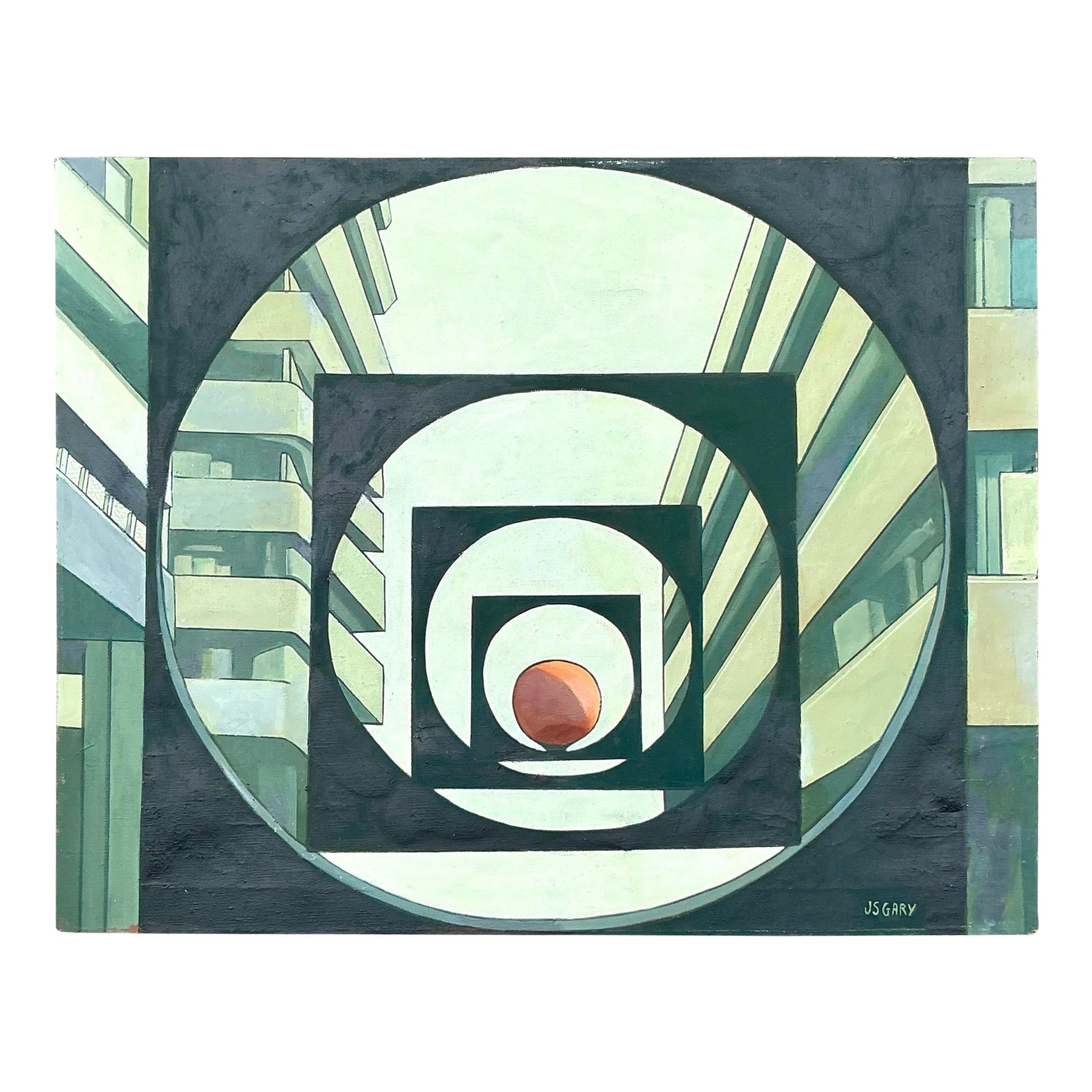 Abstraktes geometrisches Original Ölgemälde auf Leinwand, Boho, Vintage im Angebot