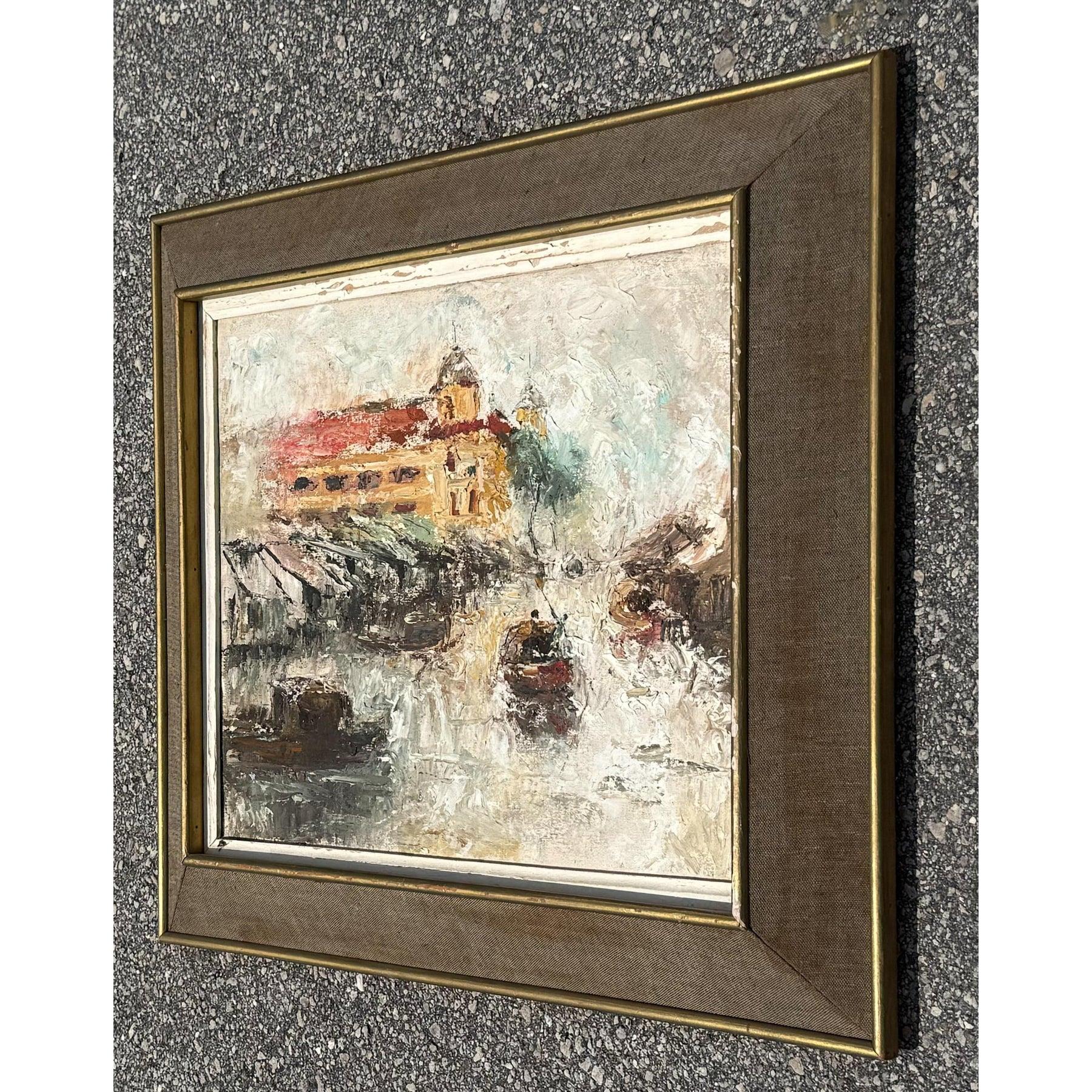 Abstrakte Vintage Boho-Landschaft, Öl auf Leinwand, Vintage (Böhmisch) im Angebot