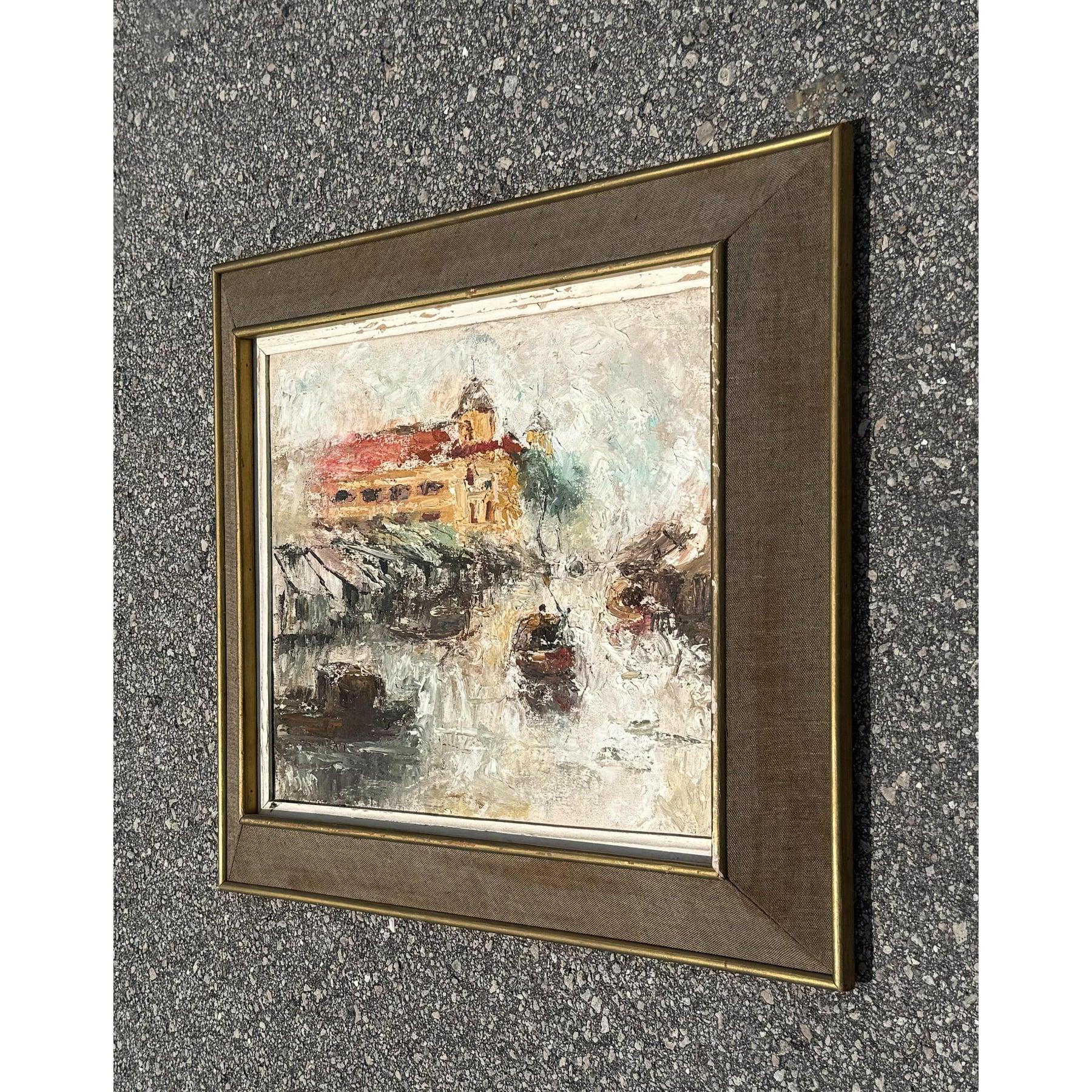Abstrakte Vintage Boho-Landschaft, Öl auf Leinwand, Vintage im Zustand „Gut“ im Angebot in West Palm Beach, FL