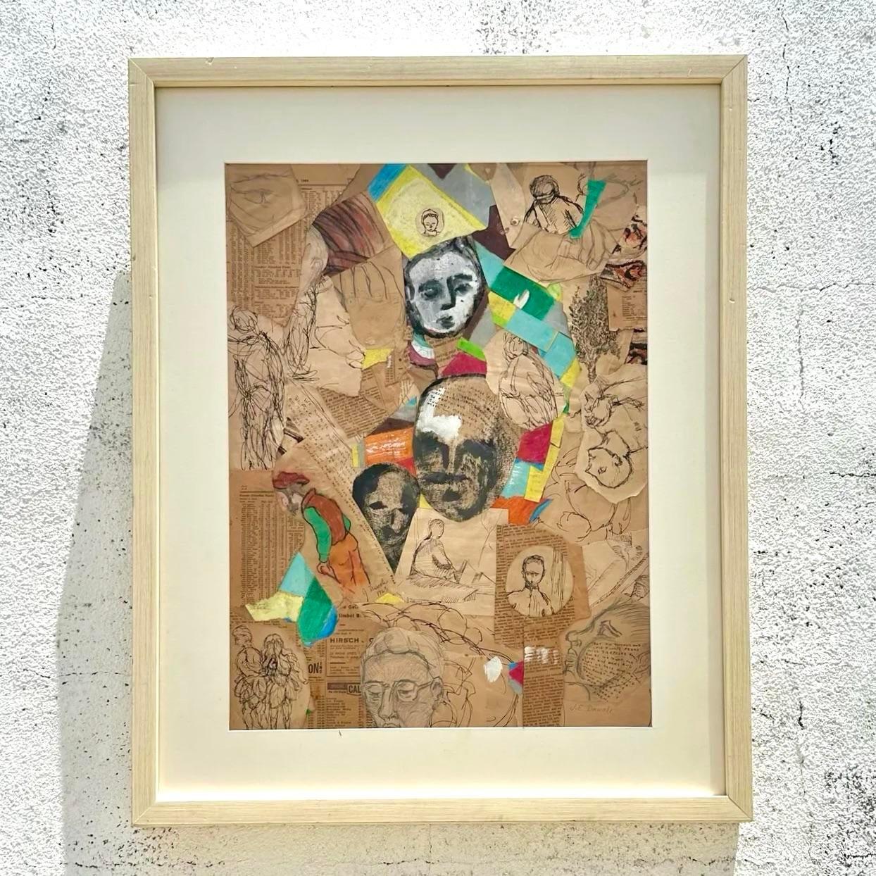 Paesaggio astratto vintage boho su tela In condizioni buone a west palm beach, FL
