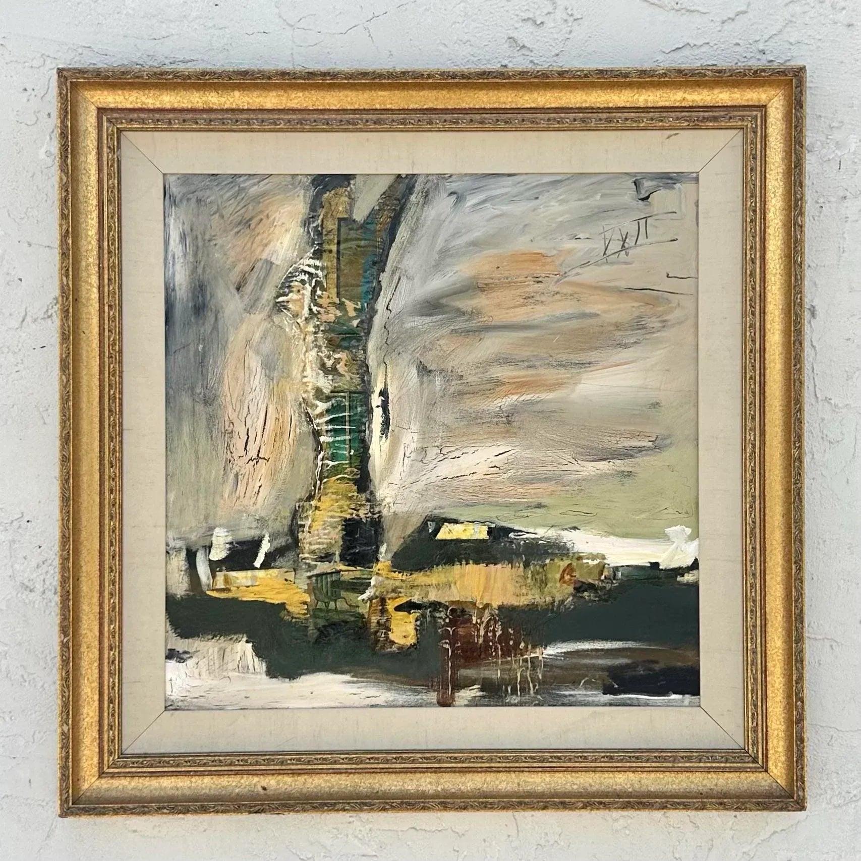 Vintage Boho Abstrakte Landschaft auf Leinwand im Zustand „Gut“ im Angebot in west palm beach, FL