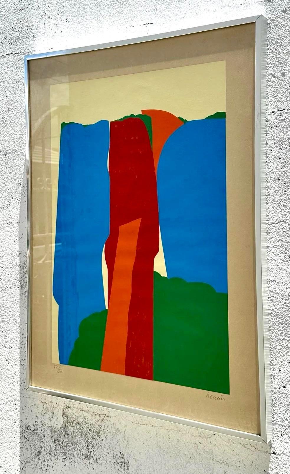Una favolosa litografia originale Boho su carta. Una composizione astratta chic in un colore chiaro e brillante. Firmato e numerato dall'artista. Acquistato da una proprietà di Palm Beach. 