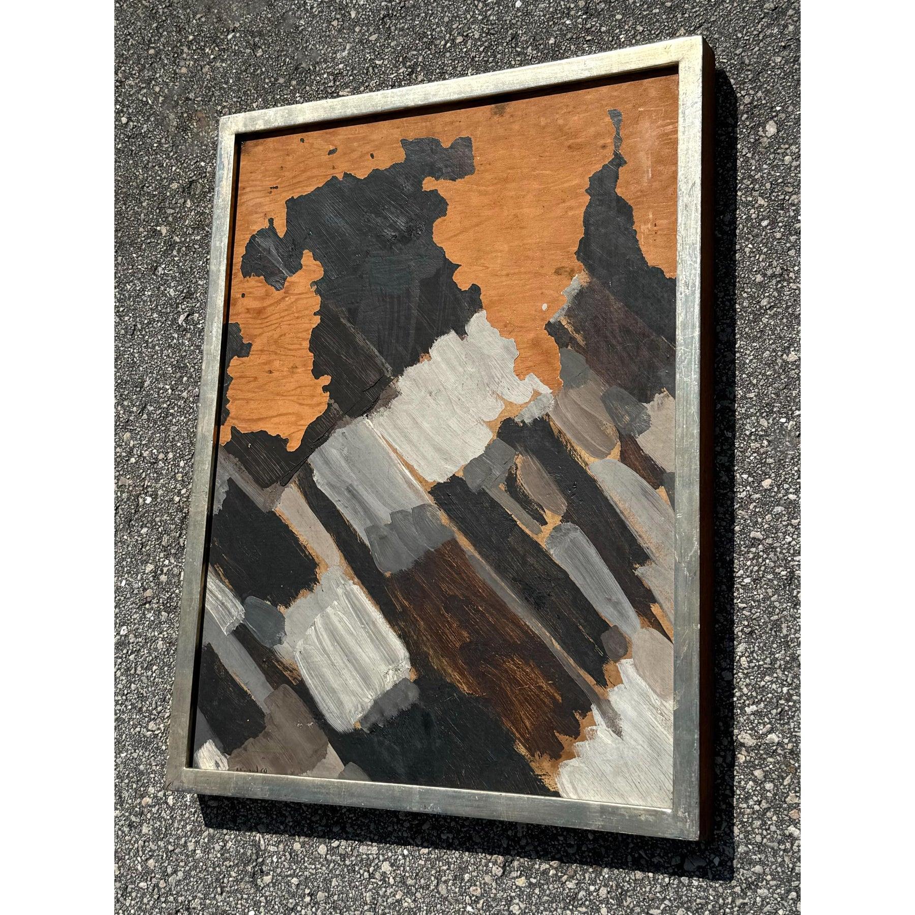 Vintage Boho Abstract Mixed Media auf Holz im Zustand „Gut“ im Angebot in west palm beach, FL