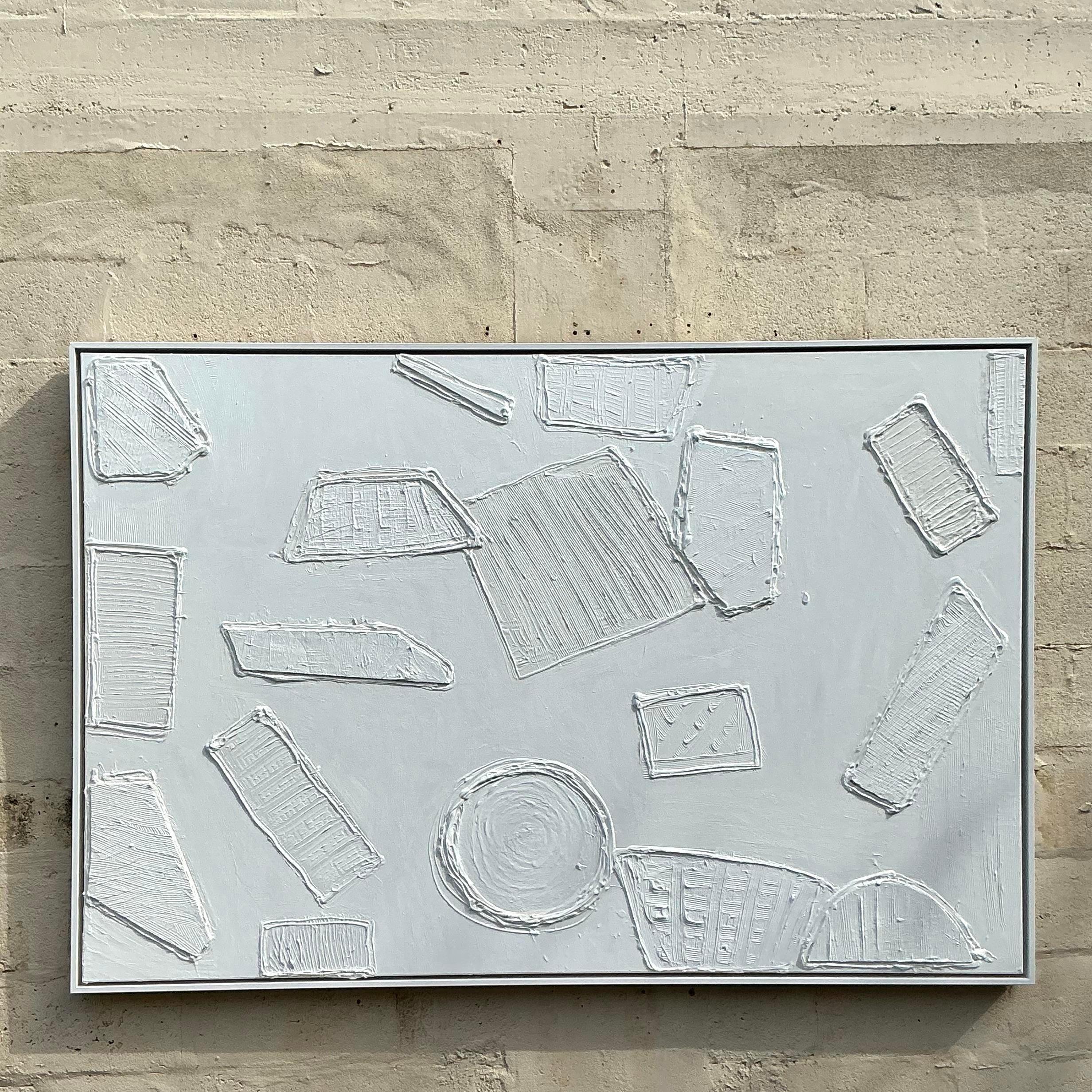 Vintage Boho Abstrakt Gemischte Medien Gemälde auf Leinwand im Zustand „Gut“ im Angebot in West Palm Beach, FL