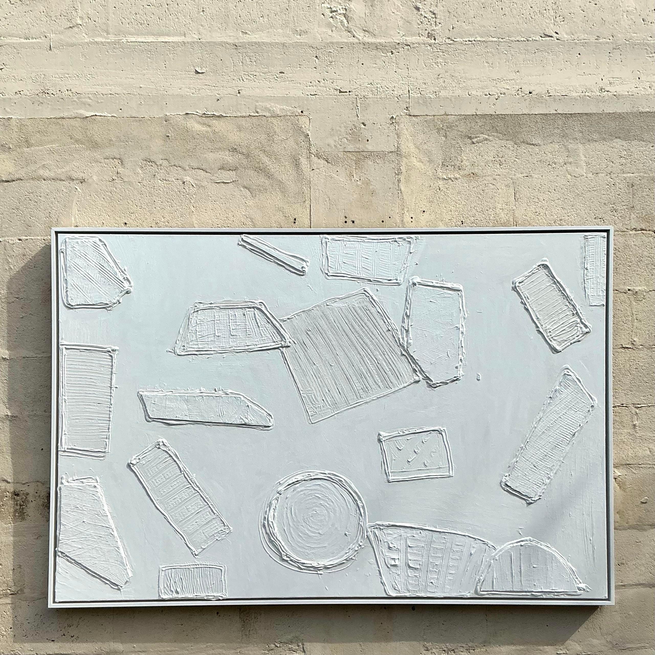 Vintage Boho Abstrakt Gemischte Medien Gemälde auf Leinwand im Angebot 2