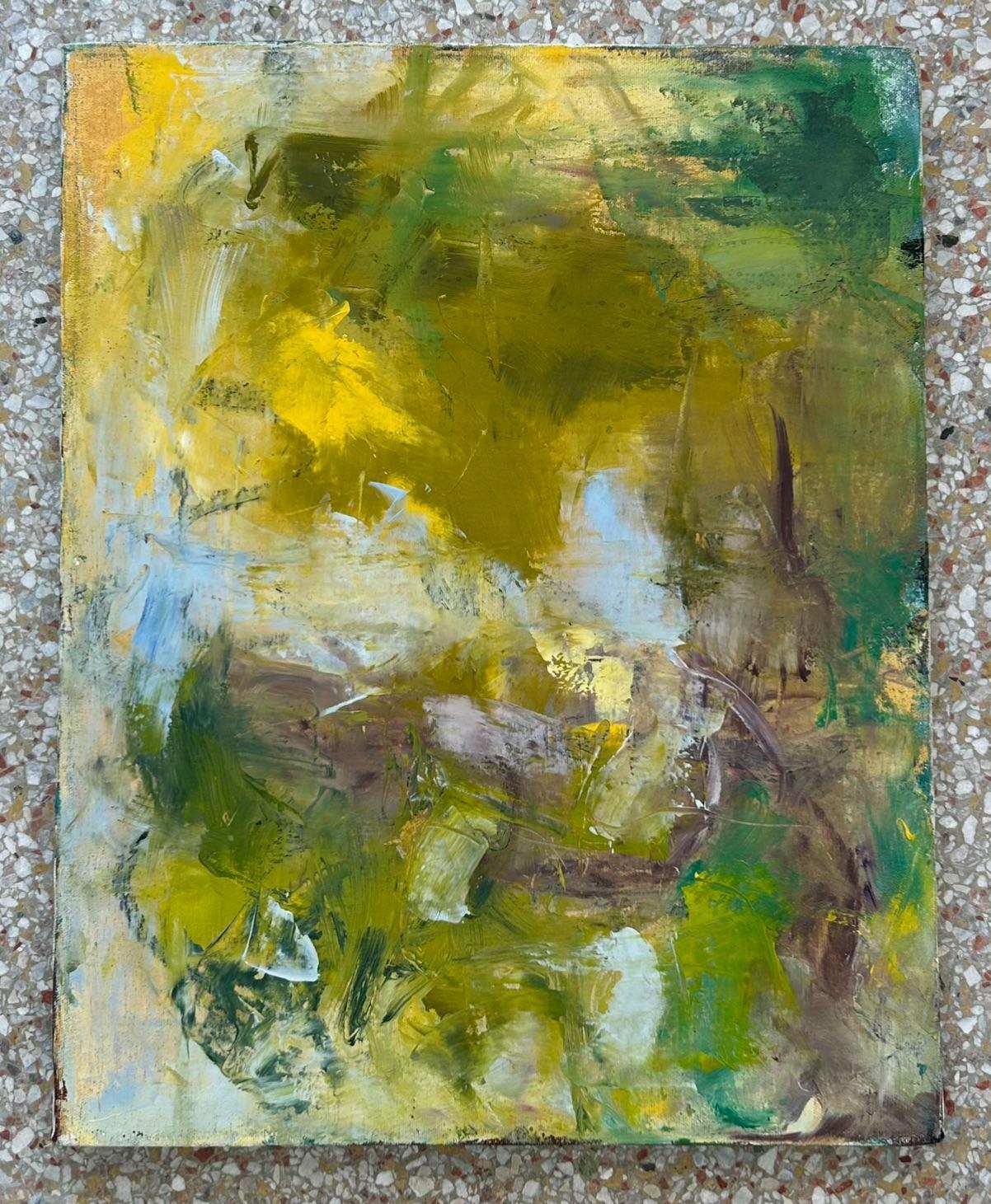Questo olio astratto su tela è la perfetta aggiunta minimalista a uno spazio. Le splendide tonalità differenziate di giallo e verde in combinazione con gli elementi strutturati della pittura creano una composizione di gusto. Acquistato da una