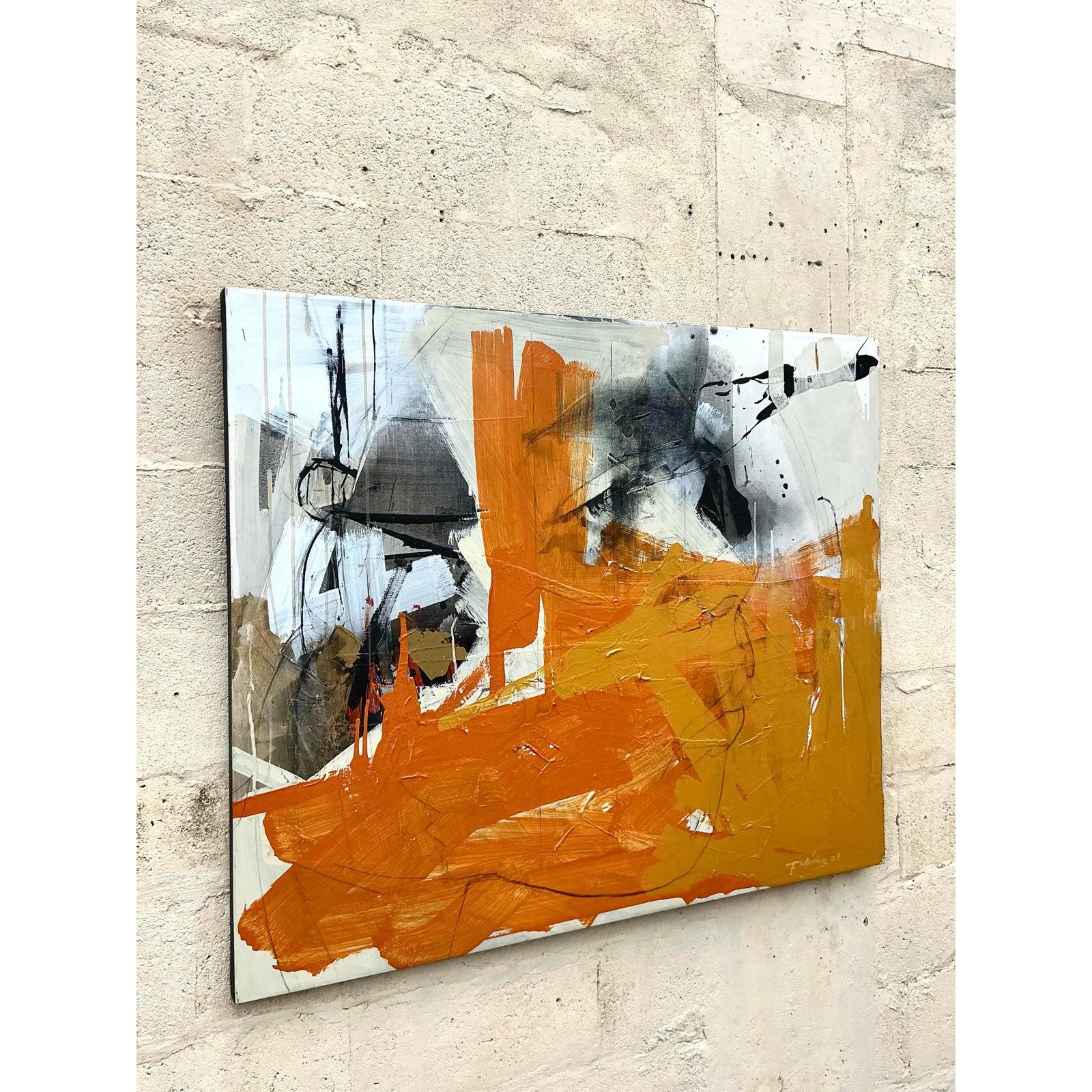 Make a vibrant statement with this captivating Vintage Boho Abstract Oil On Canvas, an original work of art that pulsates with dynamic energy and bold color. This expressive painting features a compelling interplay of rich, sun-drenched oranges and