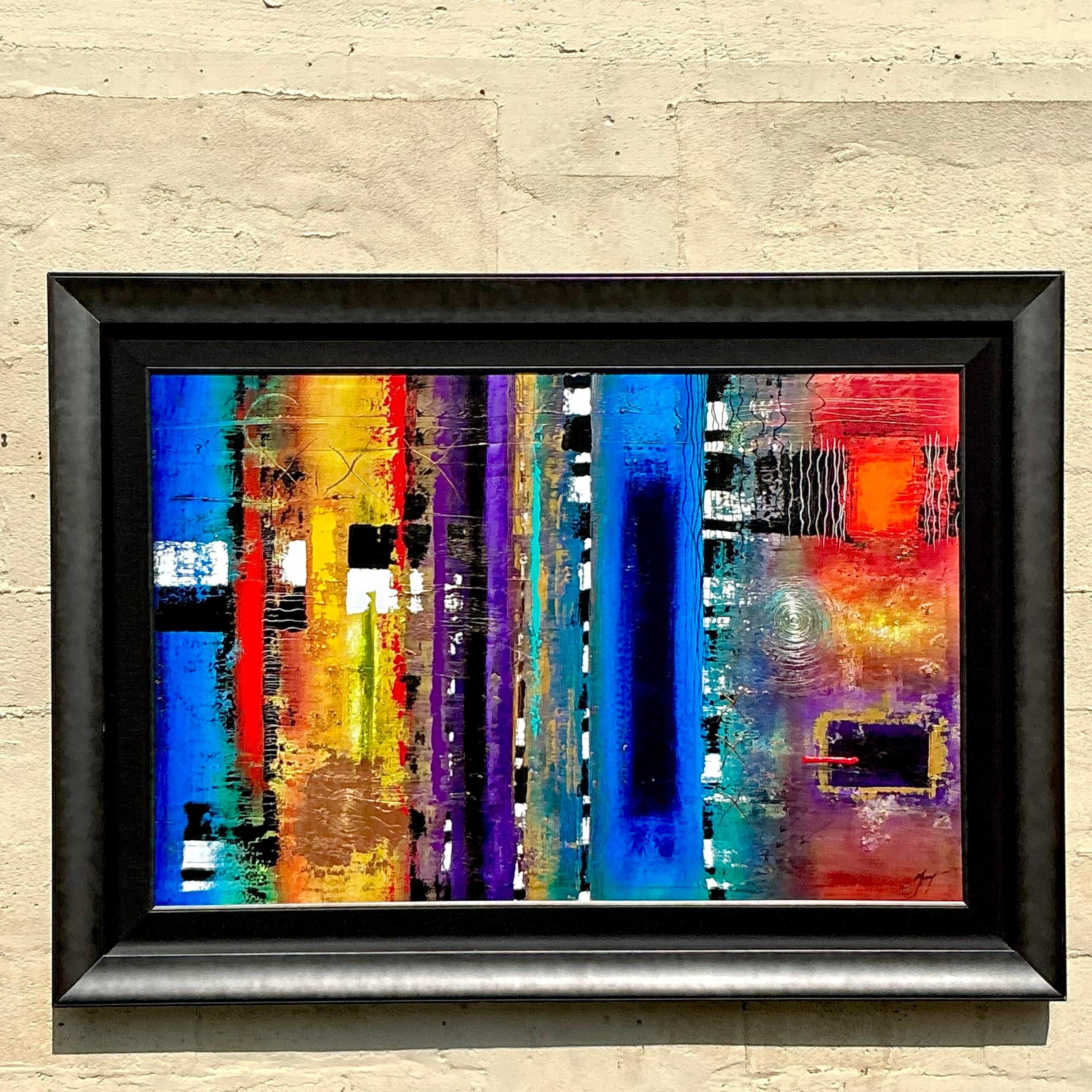 Vintage Boho Abstrakt Öl auf Leinwand (amerikanisch) im Angebot