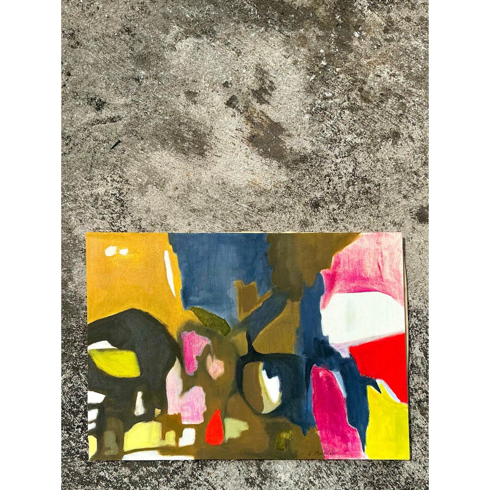 Vintage Boho Abstract Oil on Canvas (amerikanisch) im Angebot