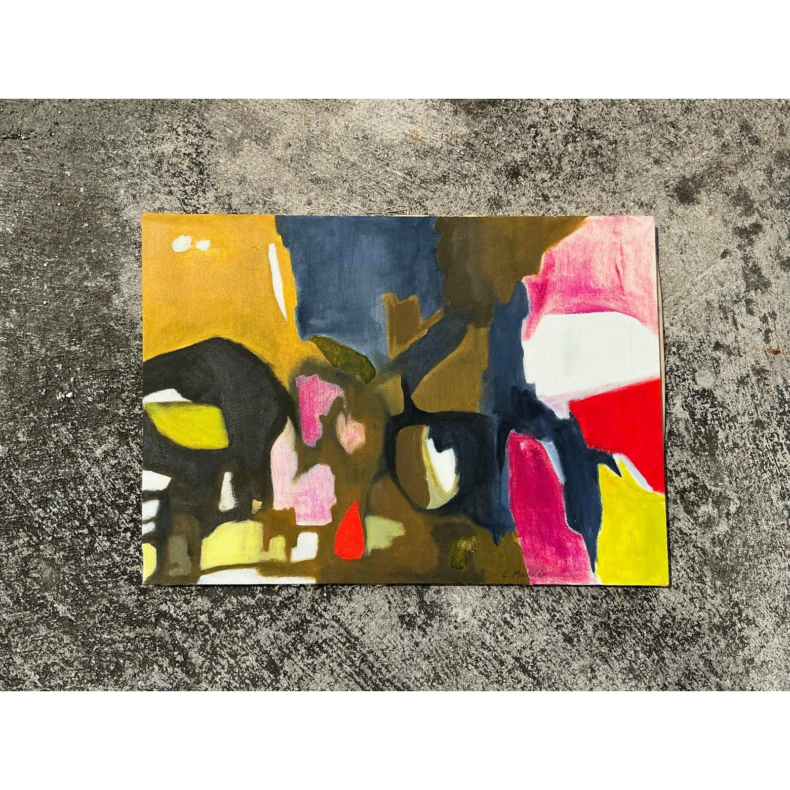 Vintage Boho Abstract Oil on Canvas im Zustand „Gut“ im Angebot in west palm beach, FL