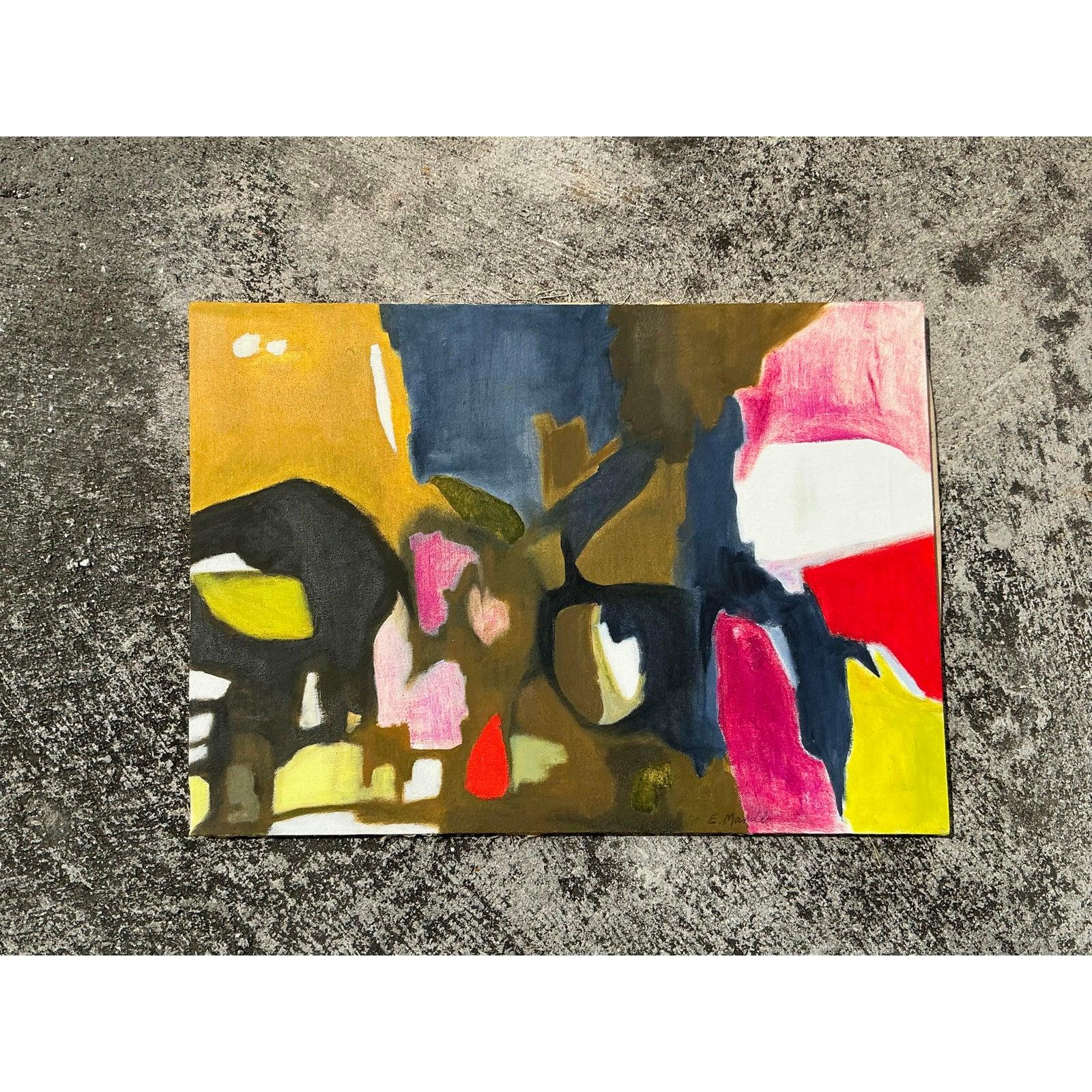 Vintage Boho Abstract Oil on Canvas (Leinwand) im Angebot