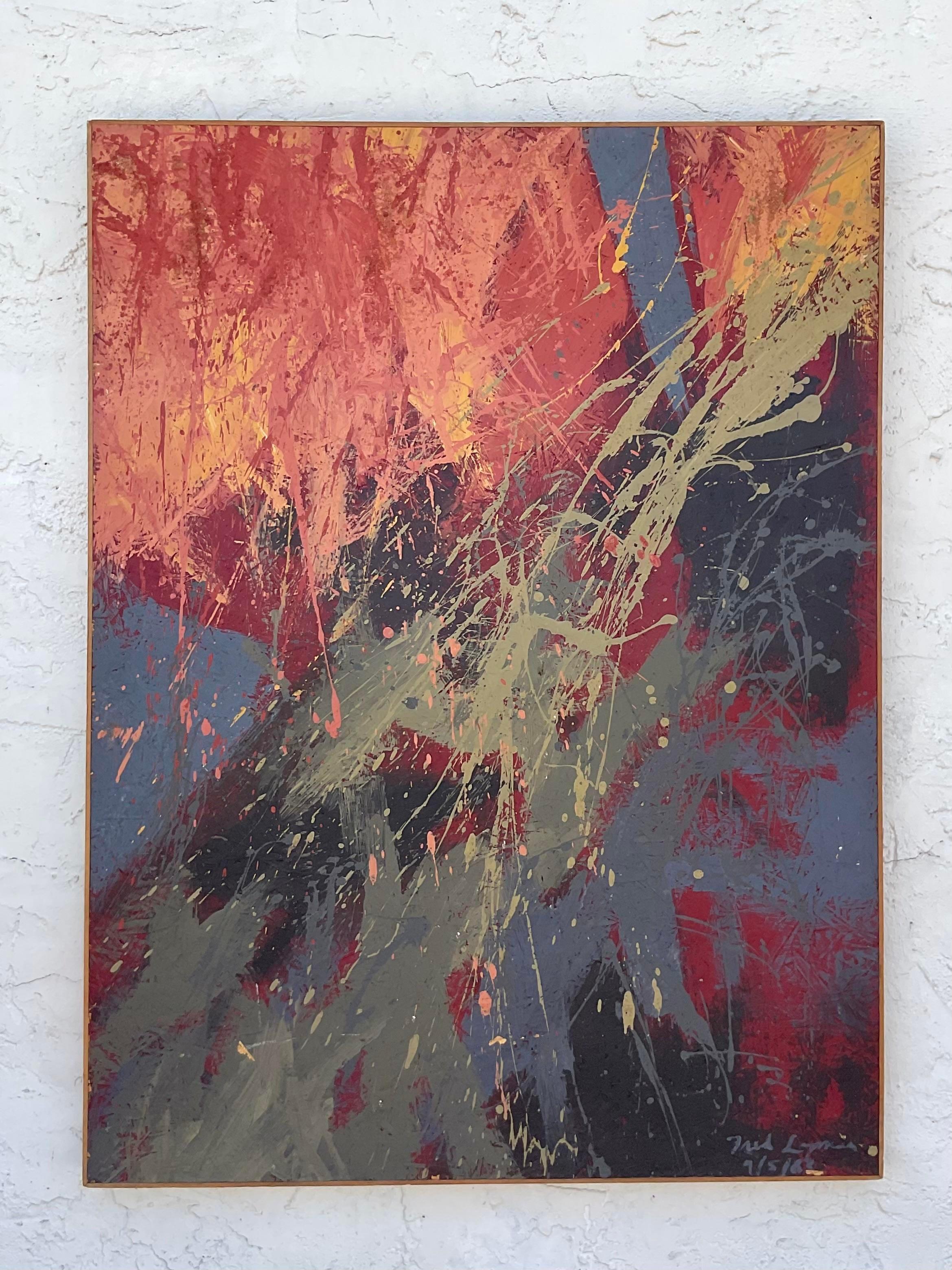 Vintage Boho Abstract Oil On Board bringt den eklektischen Geist der amerikanischen Bohème auf eine Leinwand aus strukturiertem Karton. Dieses Kunstwerk verbindet leuchtende Farben und fließende Formen mit einem Hauch von Retro-Flair und schafft