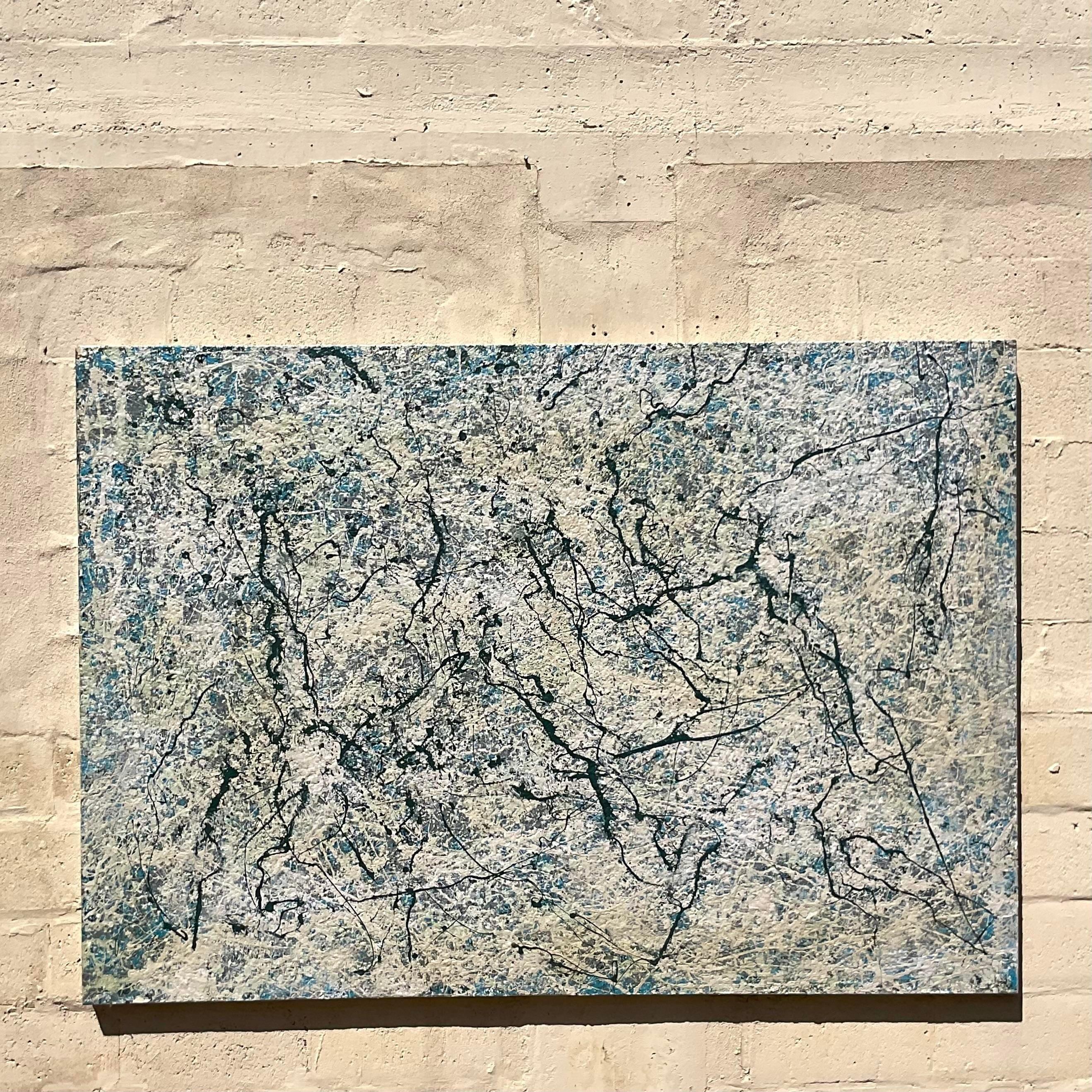 This vintage abstract uses differentiating shades of blues and soft pinks with black branching throughout. This creates a subtle yet bold painting considering the intricacy in color and texture. Acquired from a Palm Beach estate
