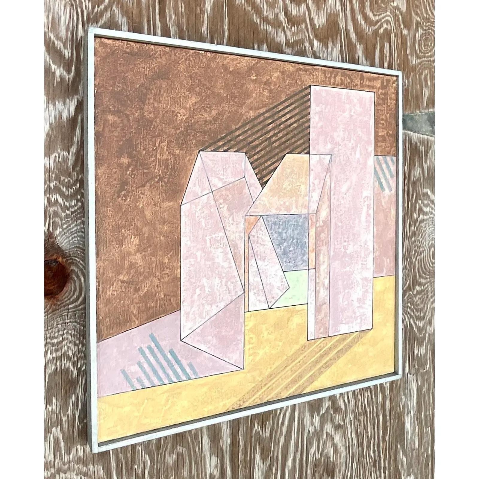 A fabulous vintage Boho original oil painting. A chic Abstract composition in clear pale colors. Done by the artist Crisp and titles “Structures”. Acquired from a Palm Beach estate.