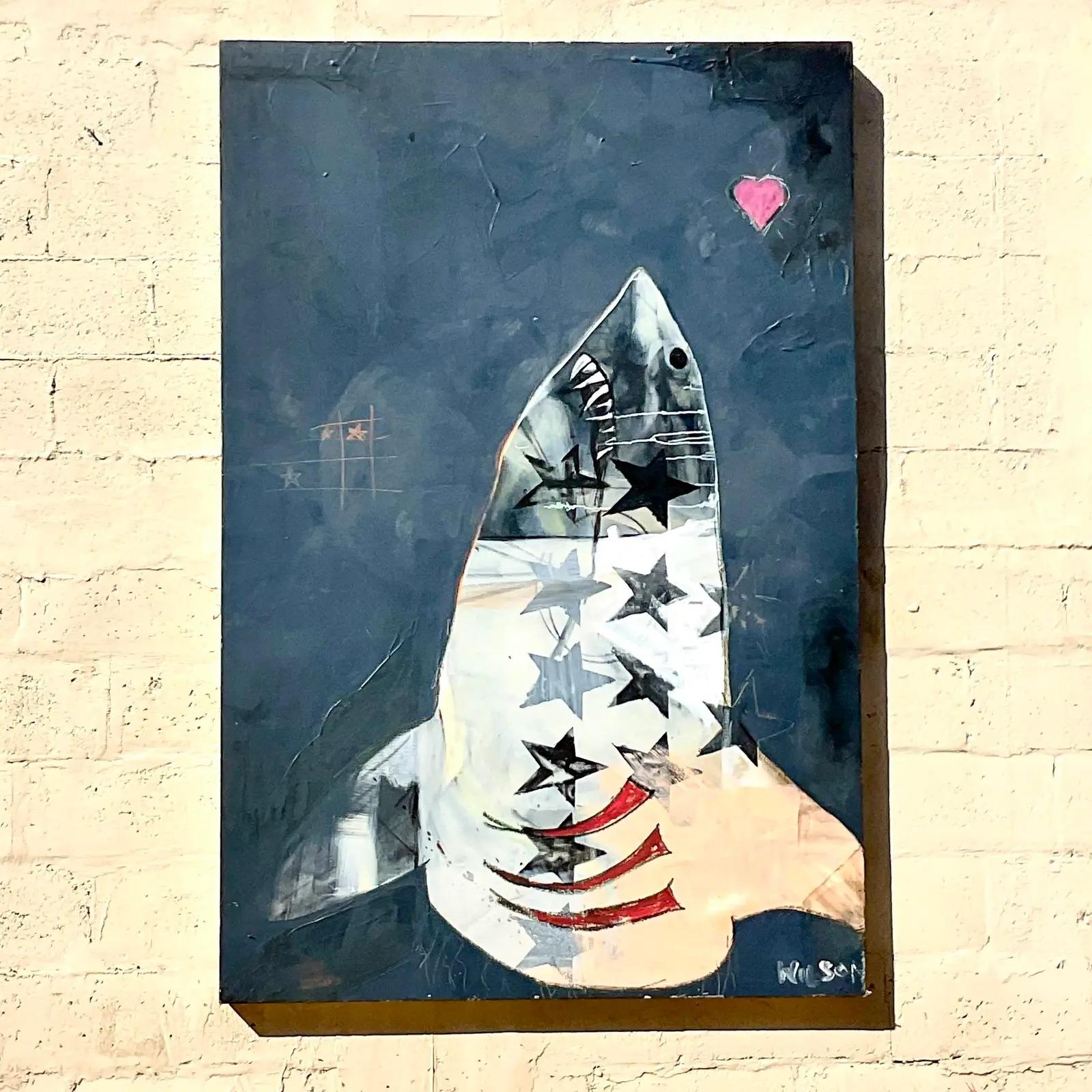 A fantastic vintage Boho Original oil painting. A monumental Abstract composition of a shark in love. Signed by the artist. Acquired from a Palm Beach estate.