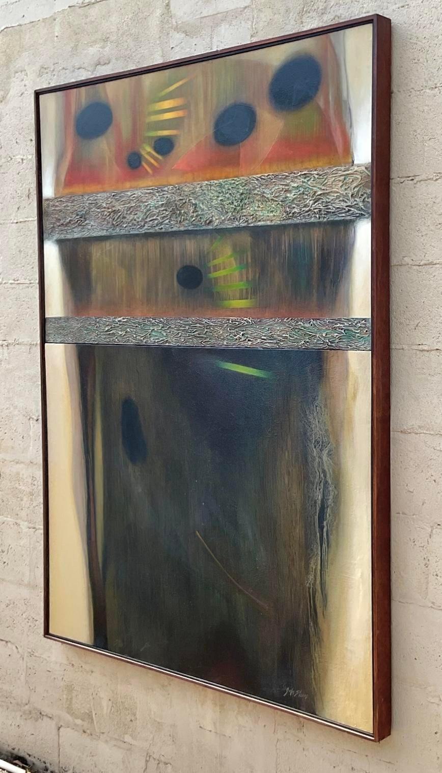 Mit diesem Vintage Boho Abstract Original Oil On Canvas können Sie Ihr Zuhause verschönern. Seine lebendigen Farben und ausdrucksstarken Pinselstriche verkörpern die freigeistige amerikanische Bohème-Ästhetik und machen ihn zu einem auffälligen