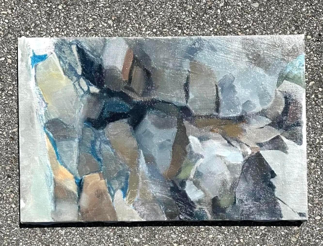 Verwandeln Sie Ihren Raum mit diesem Vintage Boho Abstract Original Ölgemälde auf Leinwand. Die leuchtenden Farben und das abstrakte Design bieten einen einzigartigen, künstlerischen Touch, der den Bohème-Stil perfekt mit moderner Raffinesse