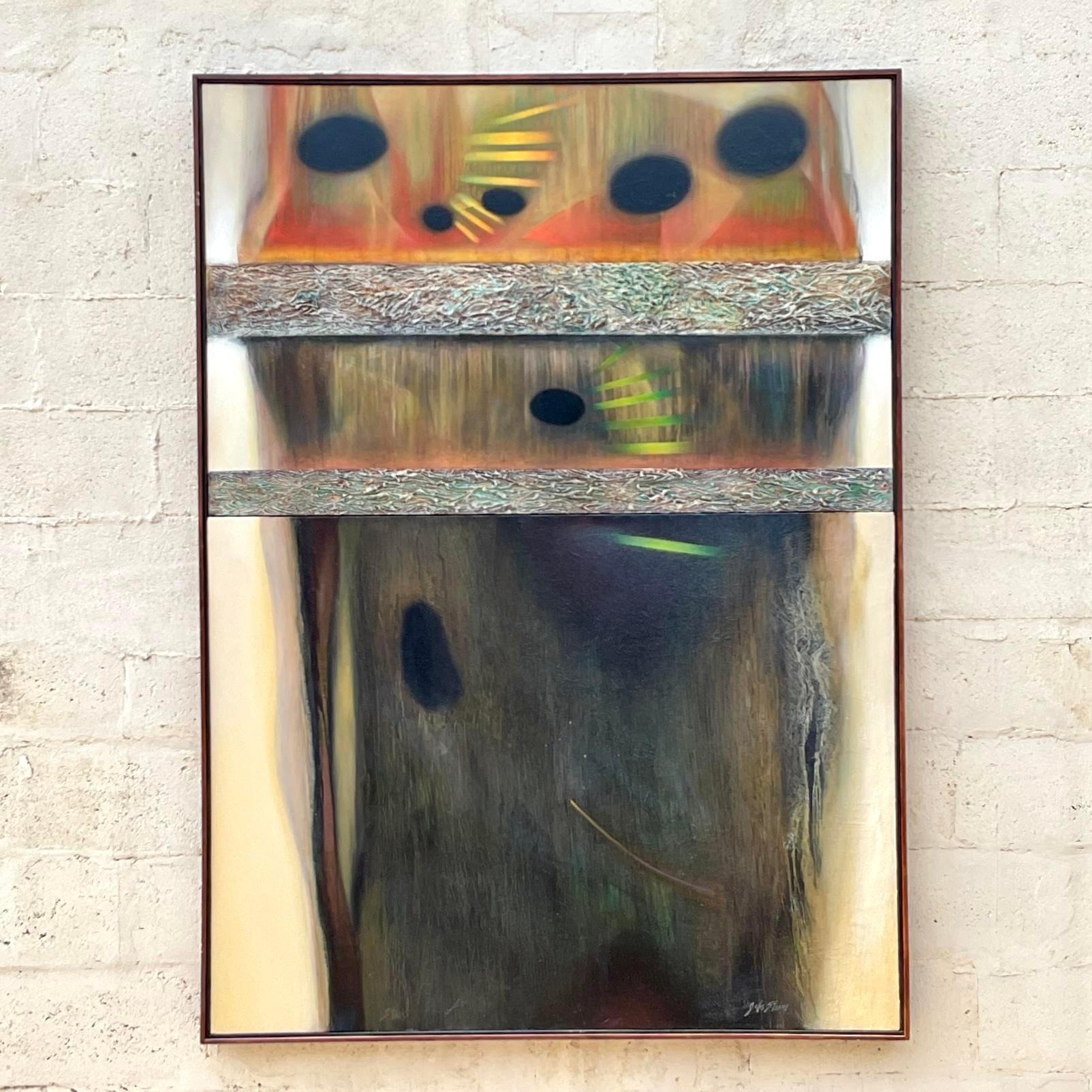 Abstraktes Original-Ölgemälde auf Leinwand, Boho, Vintage im Zustand „Gut“ im Angebot in west palm beach, FL