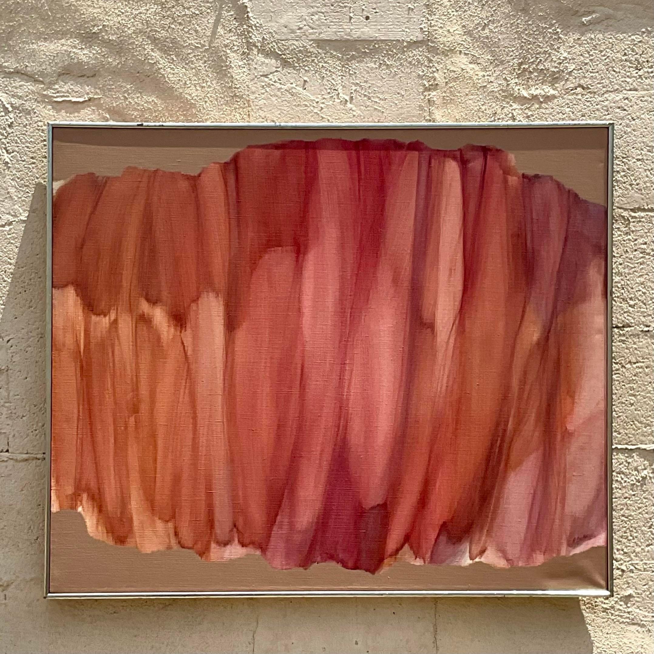 An incredible vintage Boho original oil on canvas. A chic abstract composition in brilliant shades of orange. Signed and dated by the artist. Acquired from a Palm Beach estate
