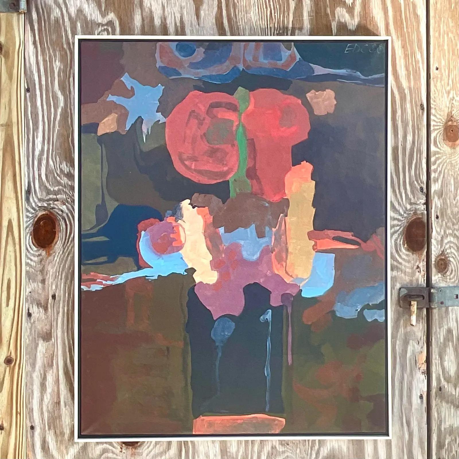 A fantastic vintage Boho original oil painting. Gorgeous deep rich colors in a striking abstract composition. Signed and dated by the artist Crisp, 1988. Acquired from a Palm Beach estate.