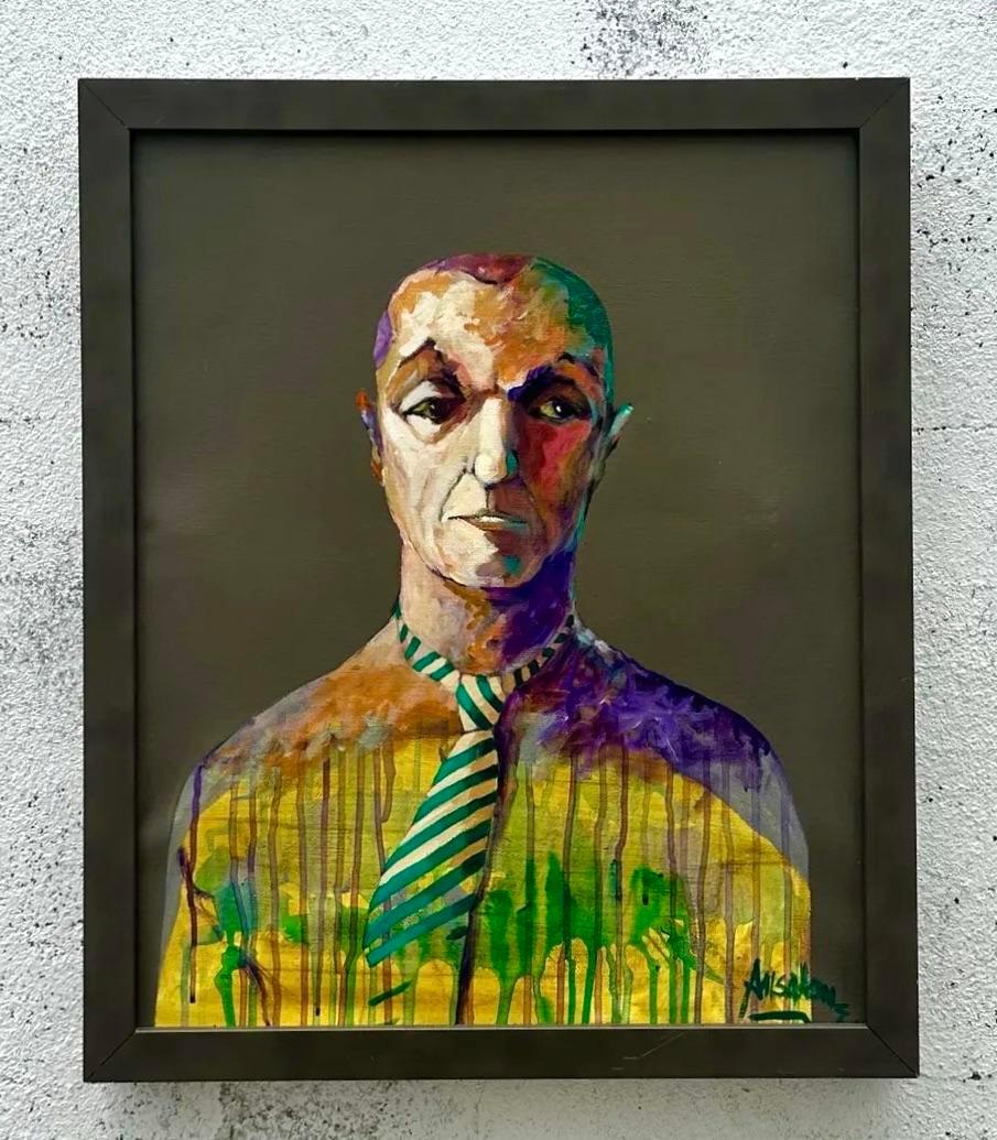Verschönern Sie Ihren Raum mit diesem atemberaubenden abstrakten Ölgemälde im Boho-Stil auf Leinwand. Dieses fesselnde Kunstwerk zeichnet sich durch leuchtende Grüntöne aus, die mit auffälligen roten und blauen linearen Elementen kontrastiert werden
