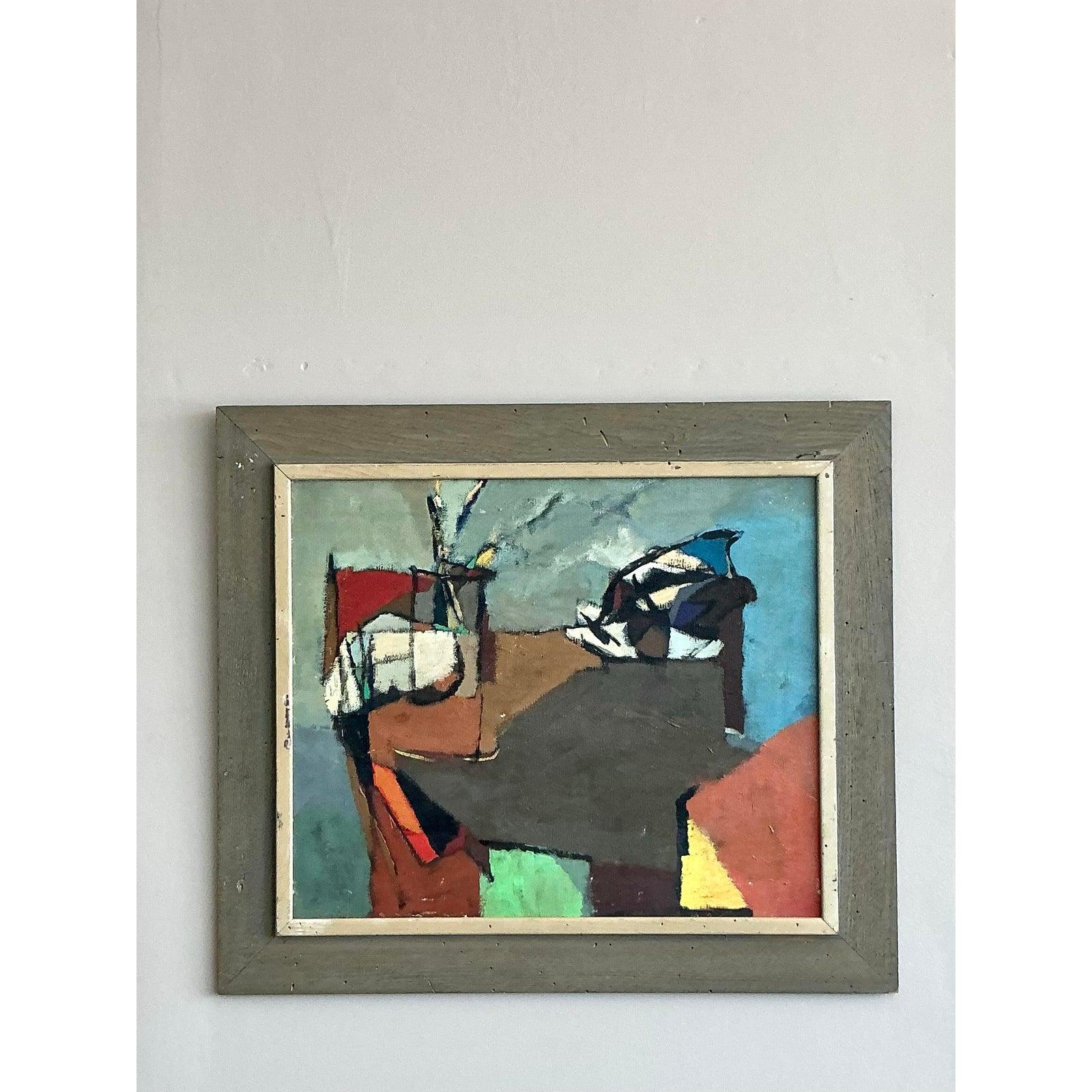 Vintage Boho abstrakte Malerei Öl auf Leinwand (Rustikal) im Angebot