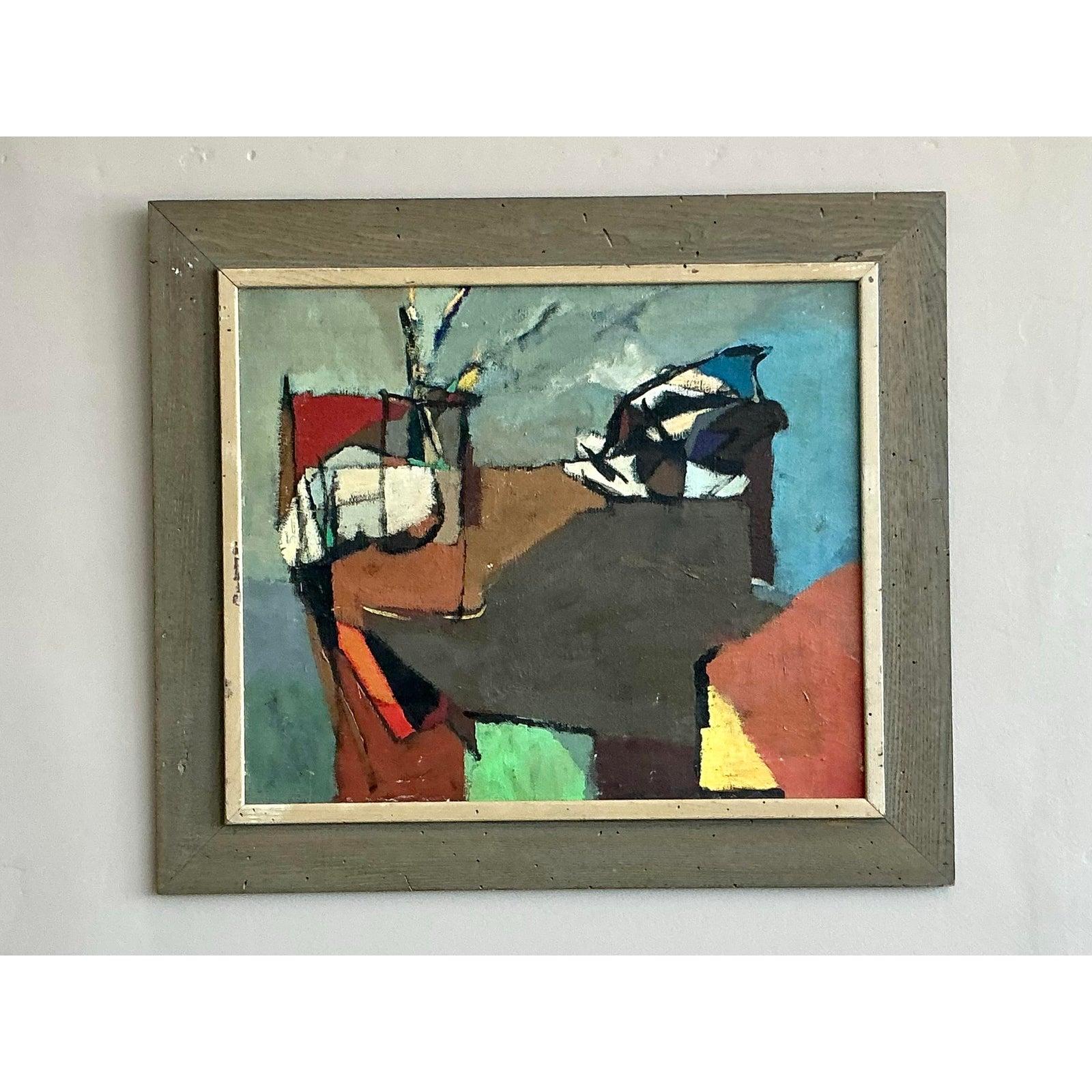 Vintage Boho abstrakte Malerei Öl auf Leinwand (amerikanisch) im Angebot