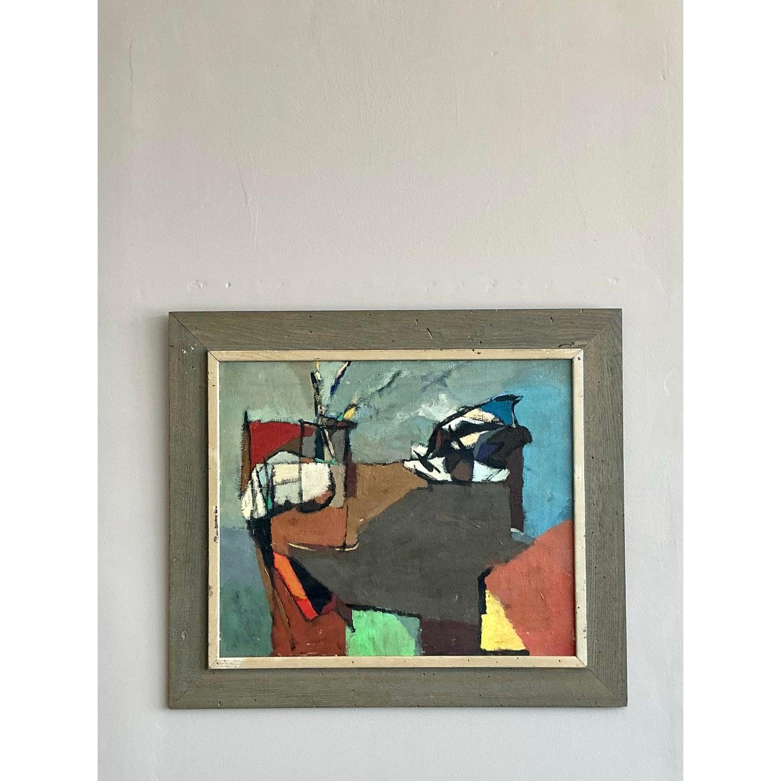 Vintage Boho abstrakte Malerei Öl auf Leinwand im Zustand „Gut“ im Angebot in West Palm Beach, FL