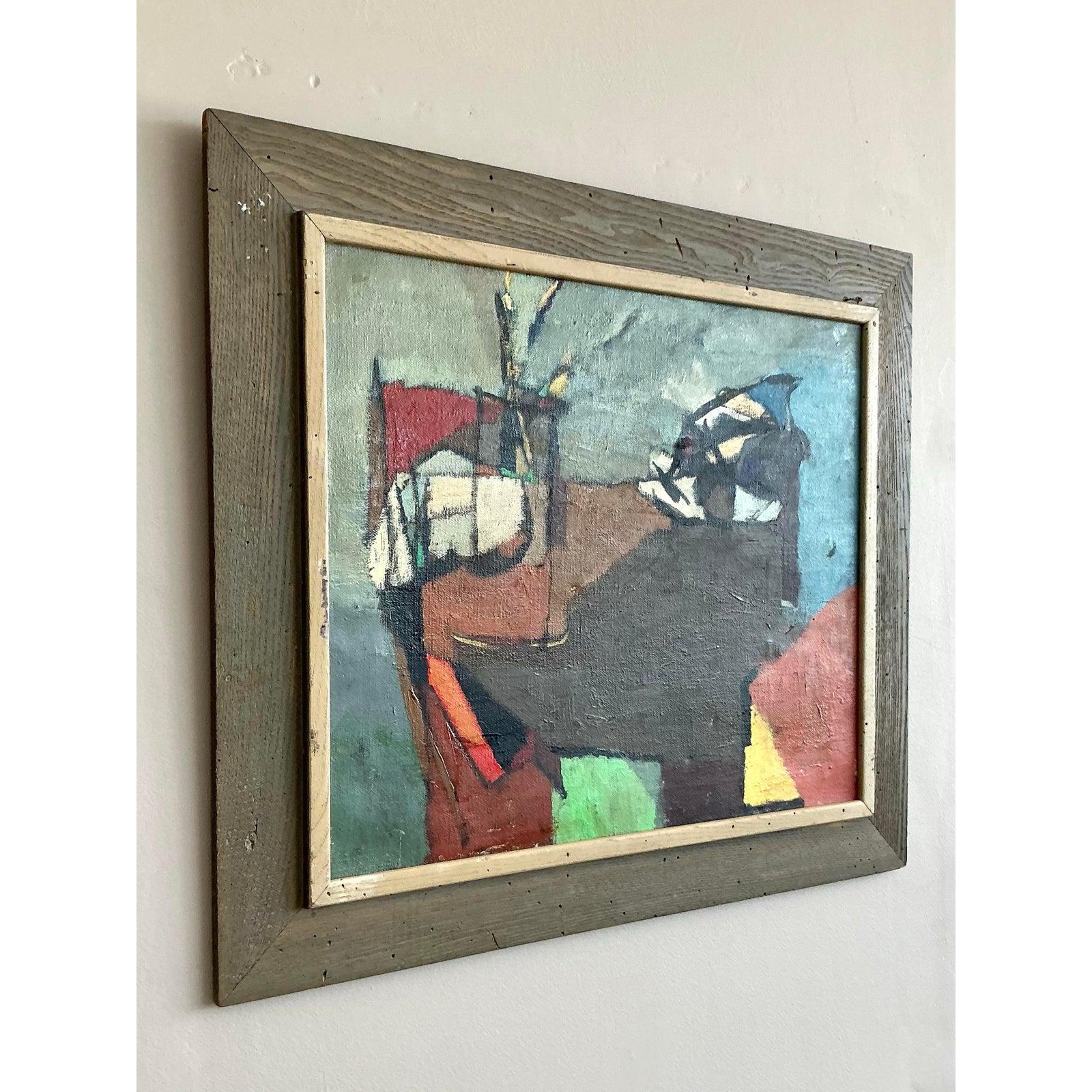 Vintage Boho abstrakte Malerei Öl auf Leinwand (20. Jahrhundert) im Angebot