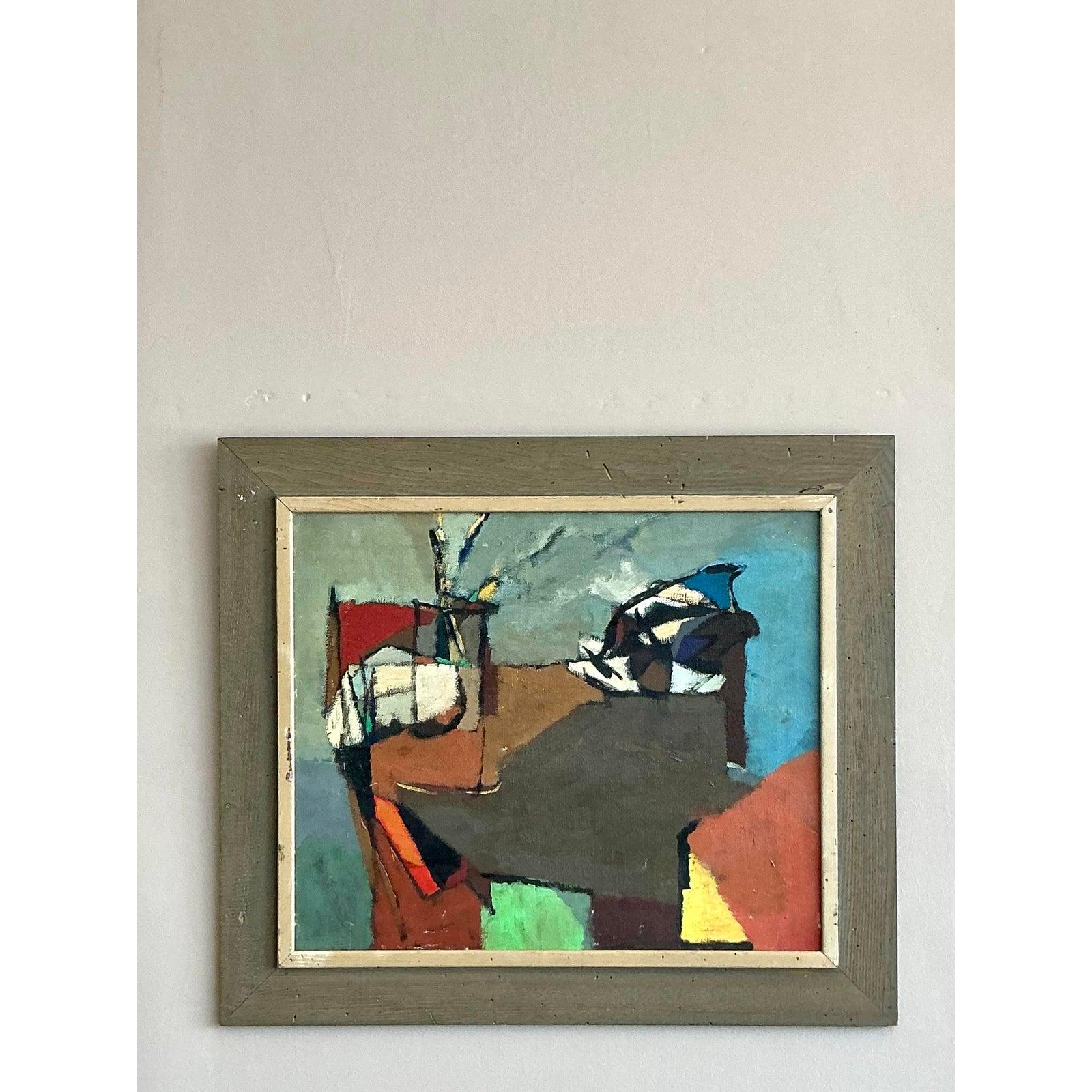 Vintage Boho abstrakte Malerei Öl auf Leinwand im Angebot 1