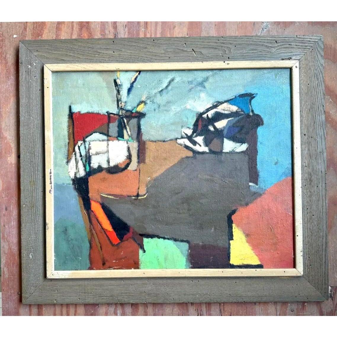 Vintage Boho abstrakte Malerei Öl auf Leinwand im Angebot 2