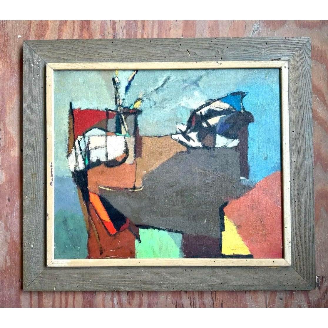 Vintage Boho abstrakte Malerei Öl auf Leinwand im Angebot 3