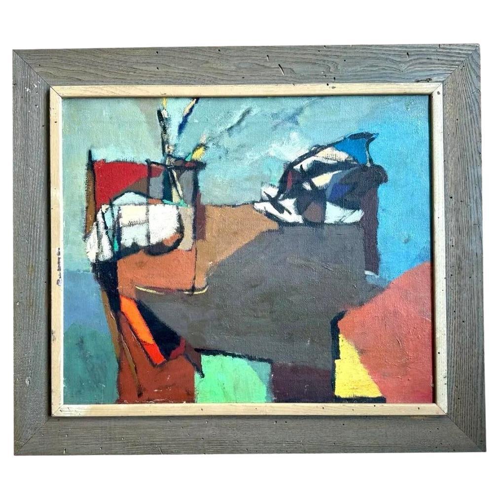 Vintage Boho Abstract Painting Oil on Canvas (Huile sur toile)
