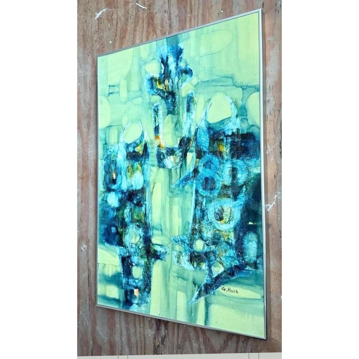 Vintage Boho Abstraktes Gemälde Öl auf Leinwand Signiert vom Künstler im Zustand „Gut“ im Angebot in West Palm Beach, FL