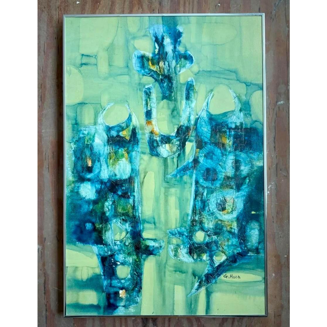 Vintage Boho Abstraktes Gemälde Öl auf Leinwand Signiert vom Künstler im Angebot 3