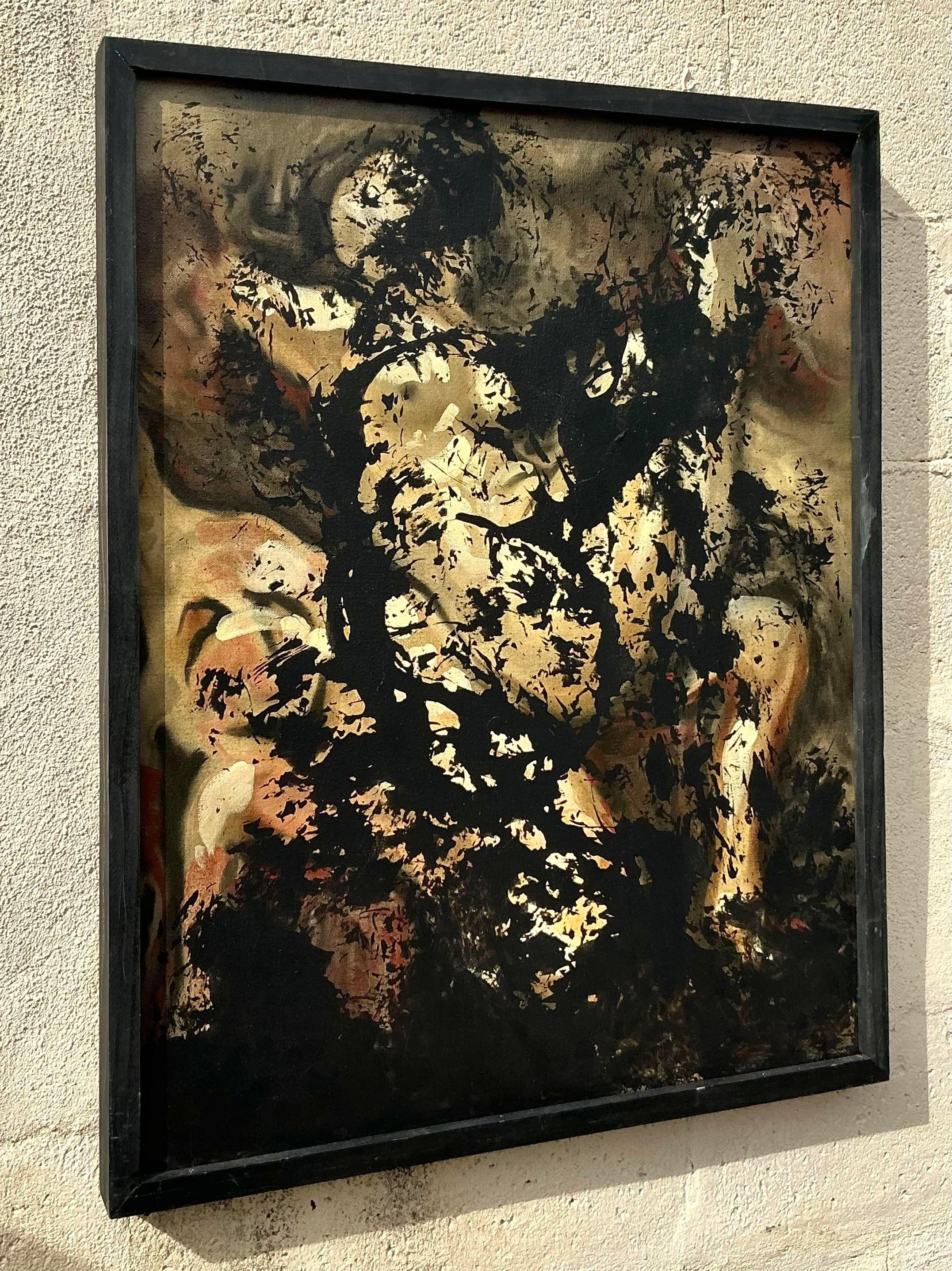 Questo quadro astratto vintage Boho su tela emana un senso di mistero e di audace espressione artistica. Con toni scuri e terrosi e tratti caotici, l'opera fonde l'astrazione con elementi figurativi, creando un'esperienza visiva accattivante. Il