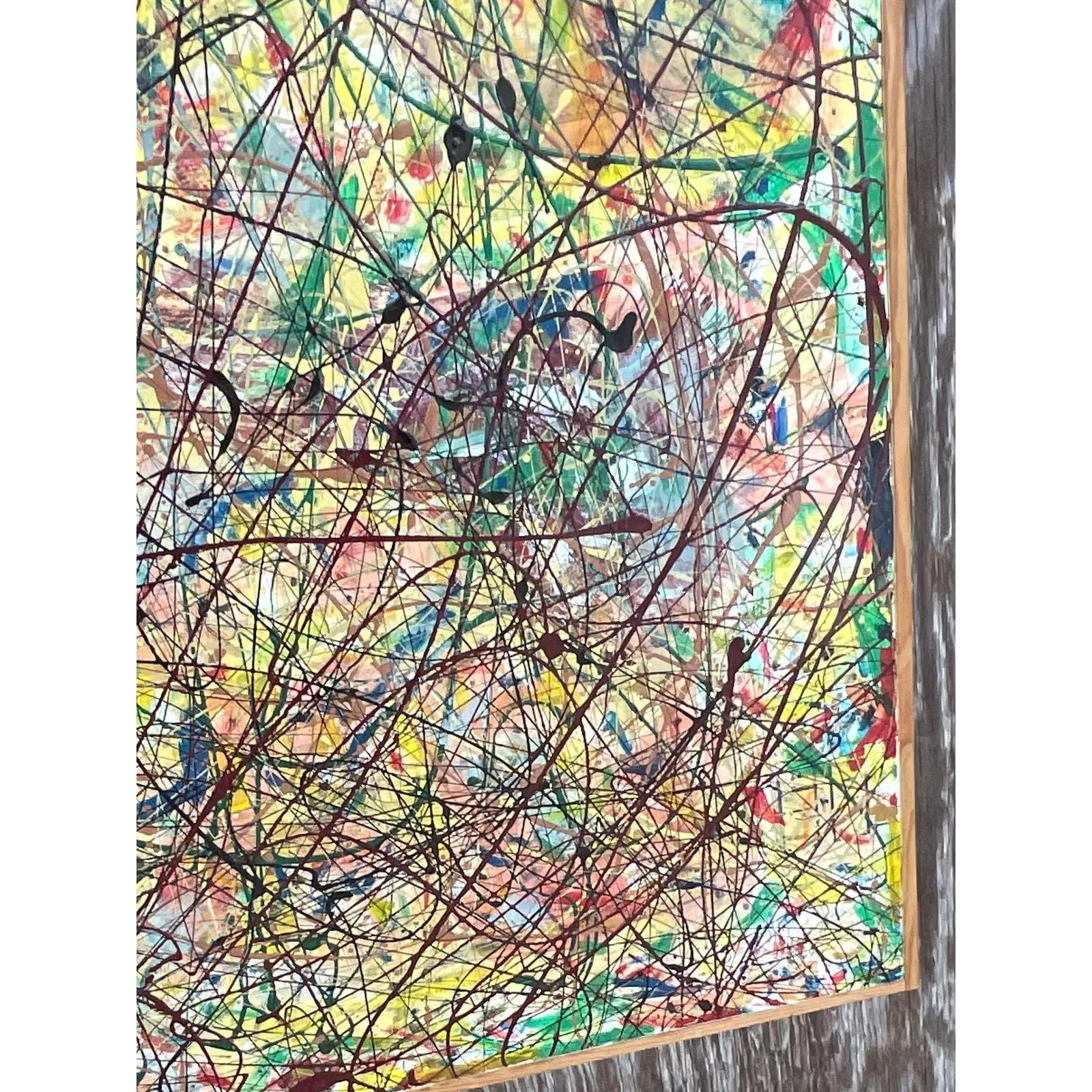 Gorgeous vintage original abstract painting. Brilliant colors dominate this composition of high energy paint splatters. Signed by the artist Lincoln Park. Acquired from a Palm Beach estate.