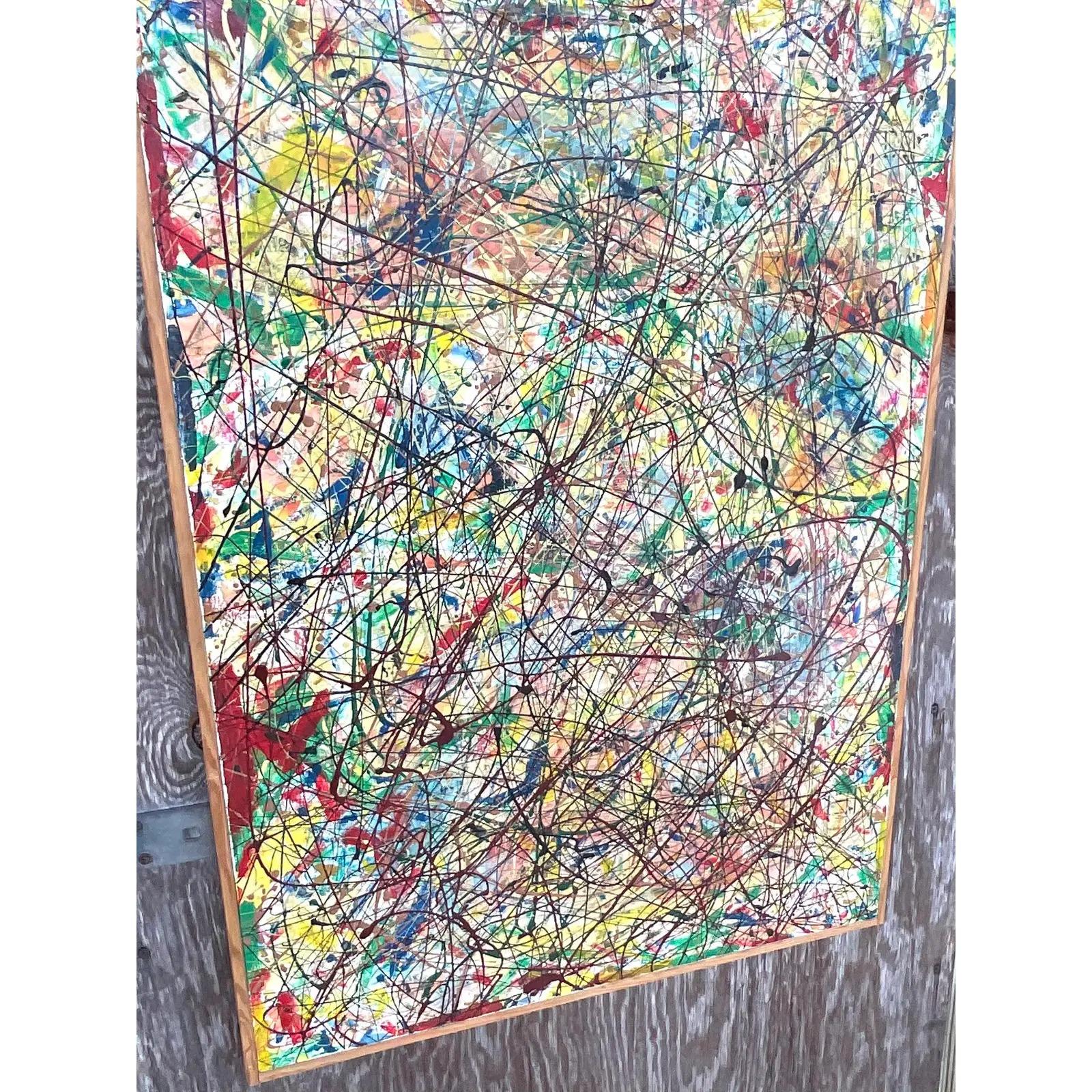 Vintage Boho Abstract Painting Signed Lincoln Park In Good Condition For Sale In west palm beach, FL