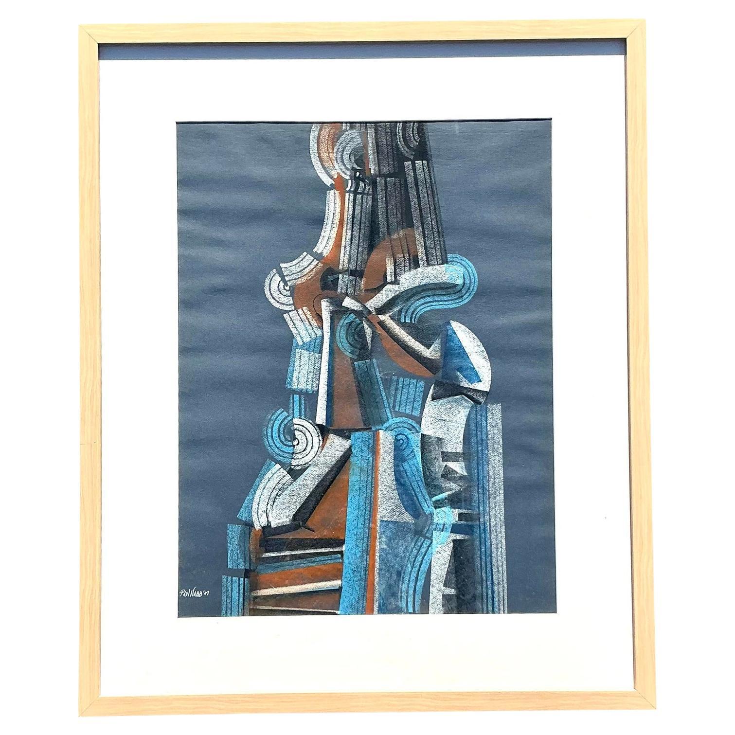 Vintage Boho Abstraktes Pastell auf Papier im Angebot