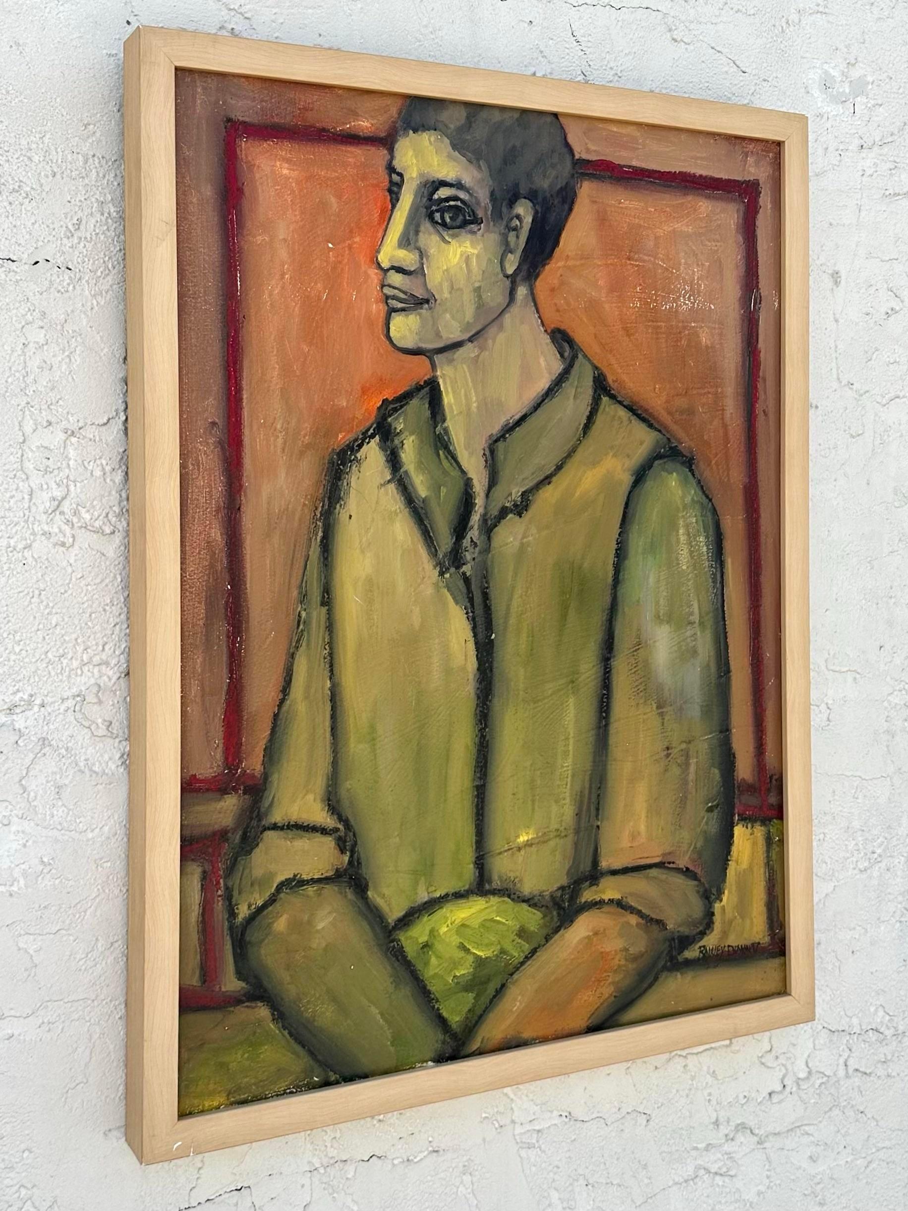 A fantastic original oil painting on canvas. A chic figurative portrait on canvas of a young man. Deep rich colors dominate the work. Acquired from a Palm Beach estate. 