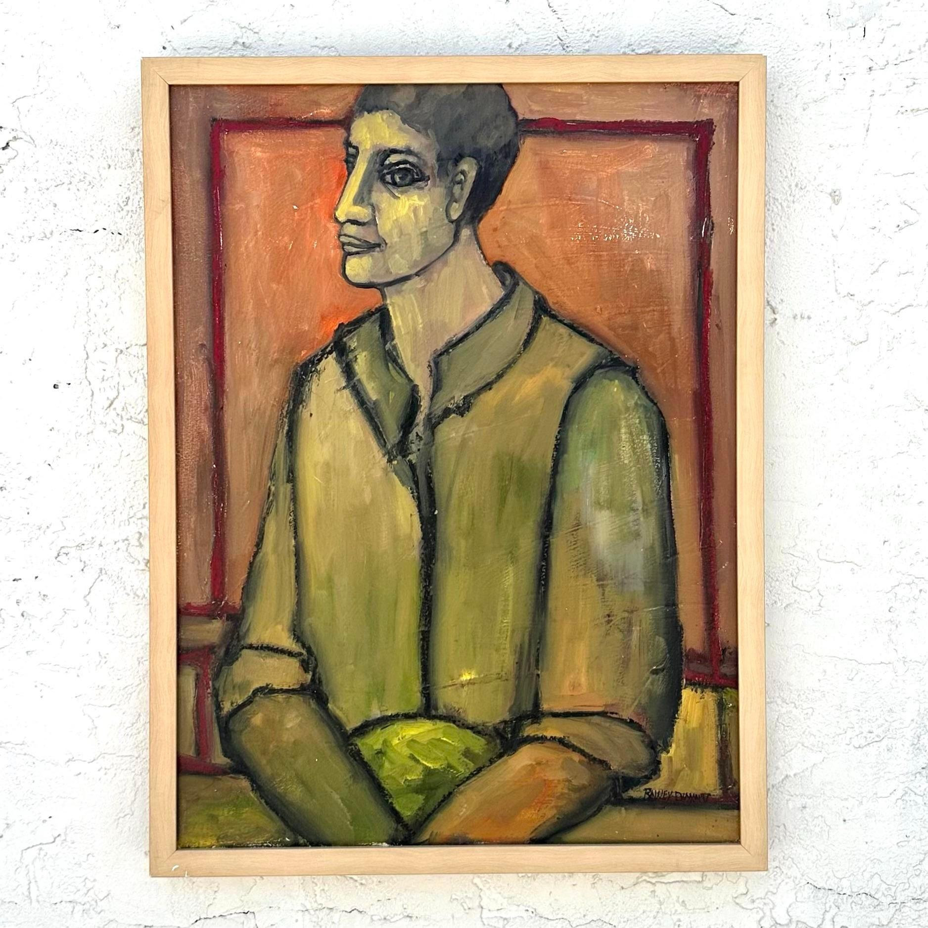 Vintage Boho Abstract Portrait of Man Oil Painting on Board In Good Condition In west palm beach, FL