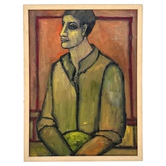 Vintage Boho Abstract Portrait of Man Oil Painting on Board