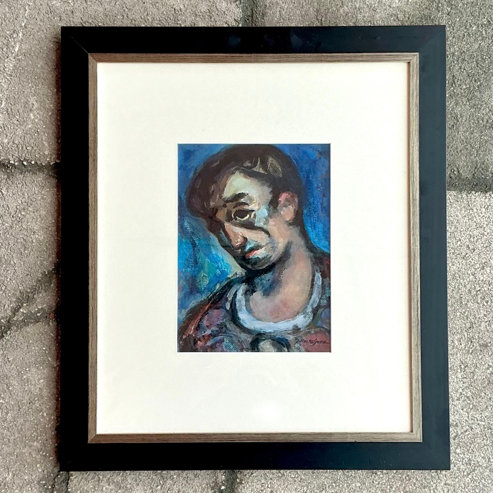 Dieses abstrakte Porträt in Öl auf Papier ist eine Anspielung auf den Bohème-Geist und die zeitlose Eleganz der Vintage-Kunst und fängt die Essenz der amerikanischen Kreativität und Individualität ein. Die kühnen Striche und gedämpften Töne