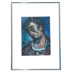 Vintage Boho Abstract Portrait Oil on Paper of Man