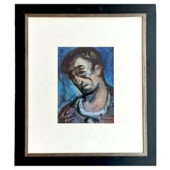 Vintage Boho Abstract Portrait Oil on Paper of Man