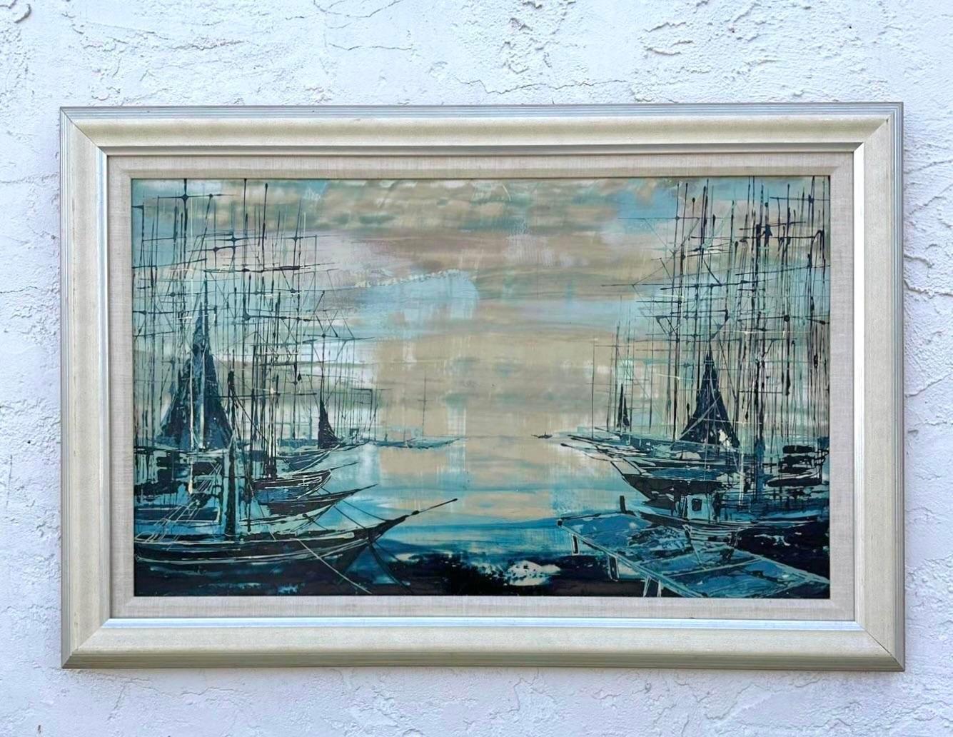 Olio su tela con paesaggio marino astratto vintage Boho In condizioni buone in vendita a west palm beach, FL