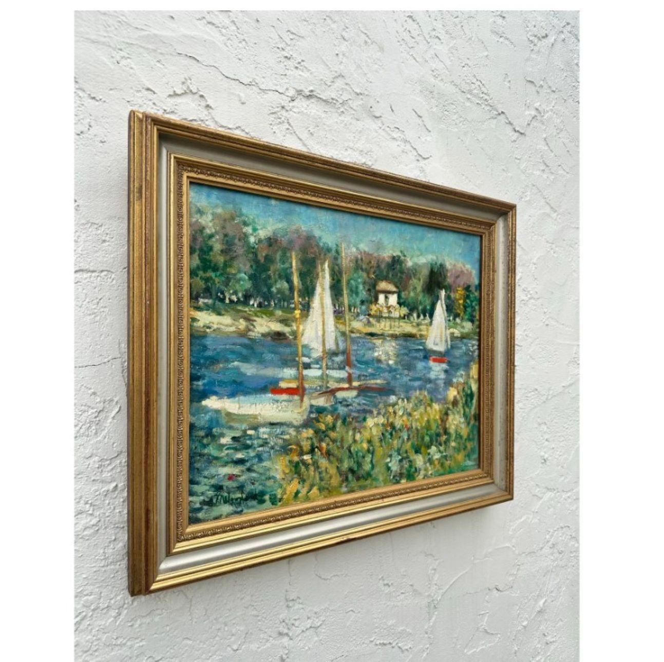 Vintage Boho Paisaje marino abstracto Óleo sobre lienzo Bohemio en venta